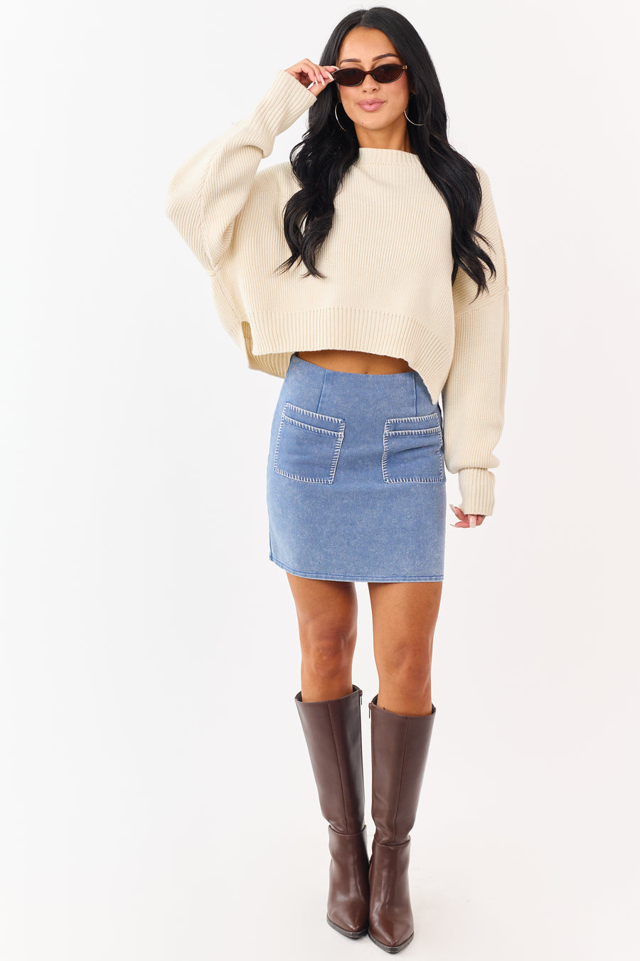 Medium Wash Denim Contrast Stitch Pocket Mini Skirt