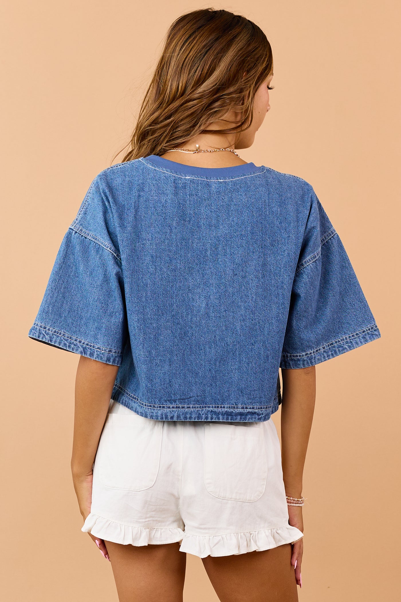 Medium Wash Denim Cropped Half Sleeve Top