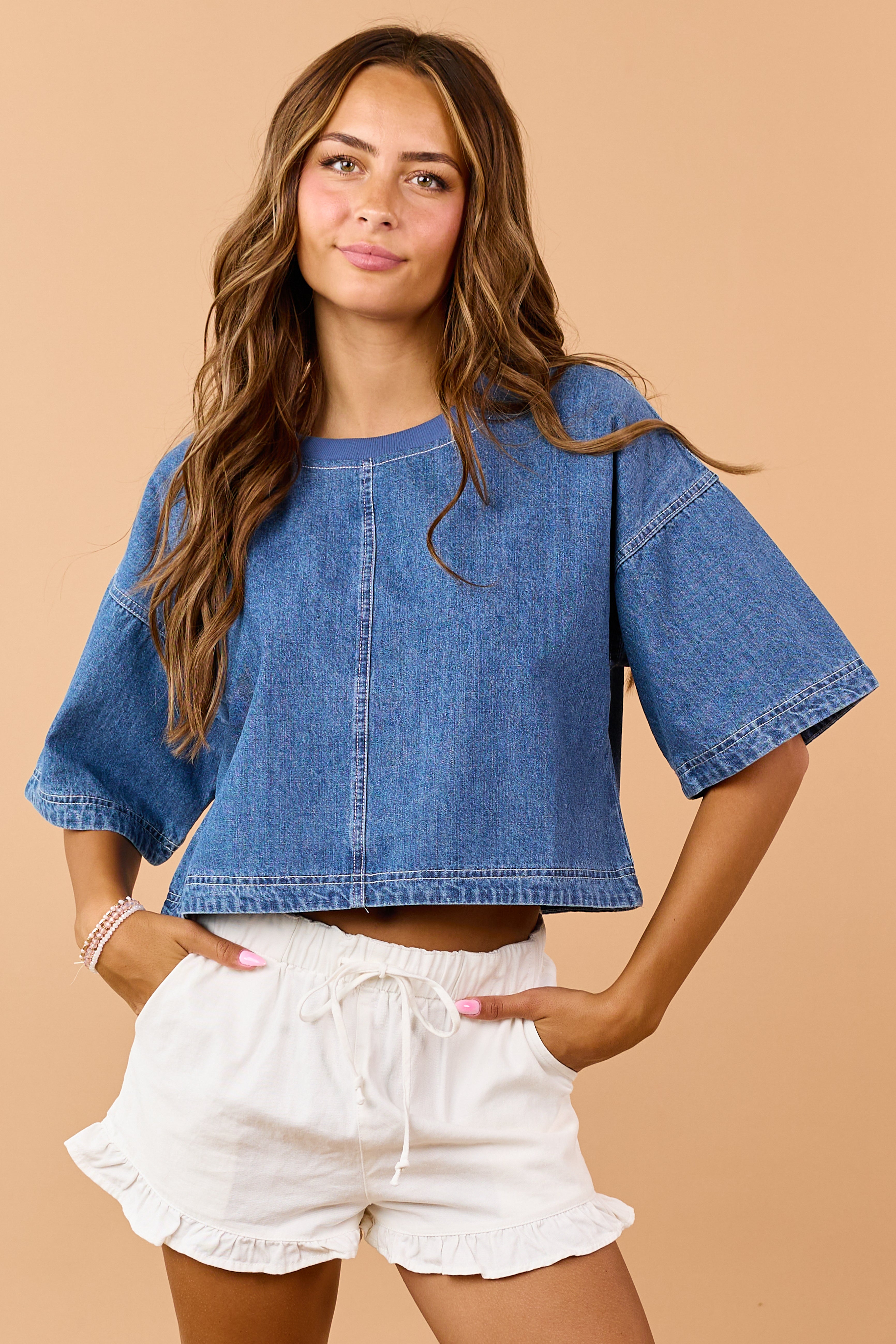 Medium Wash Denim Cropped Half Sleeve Top