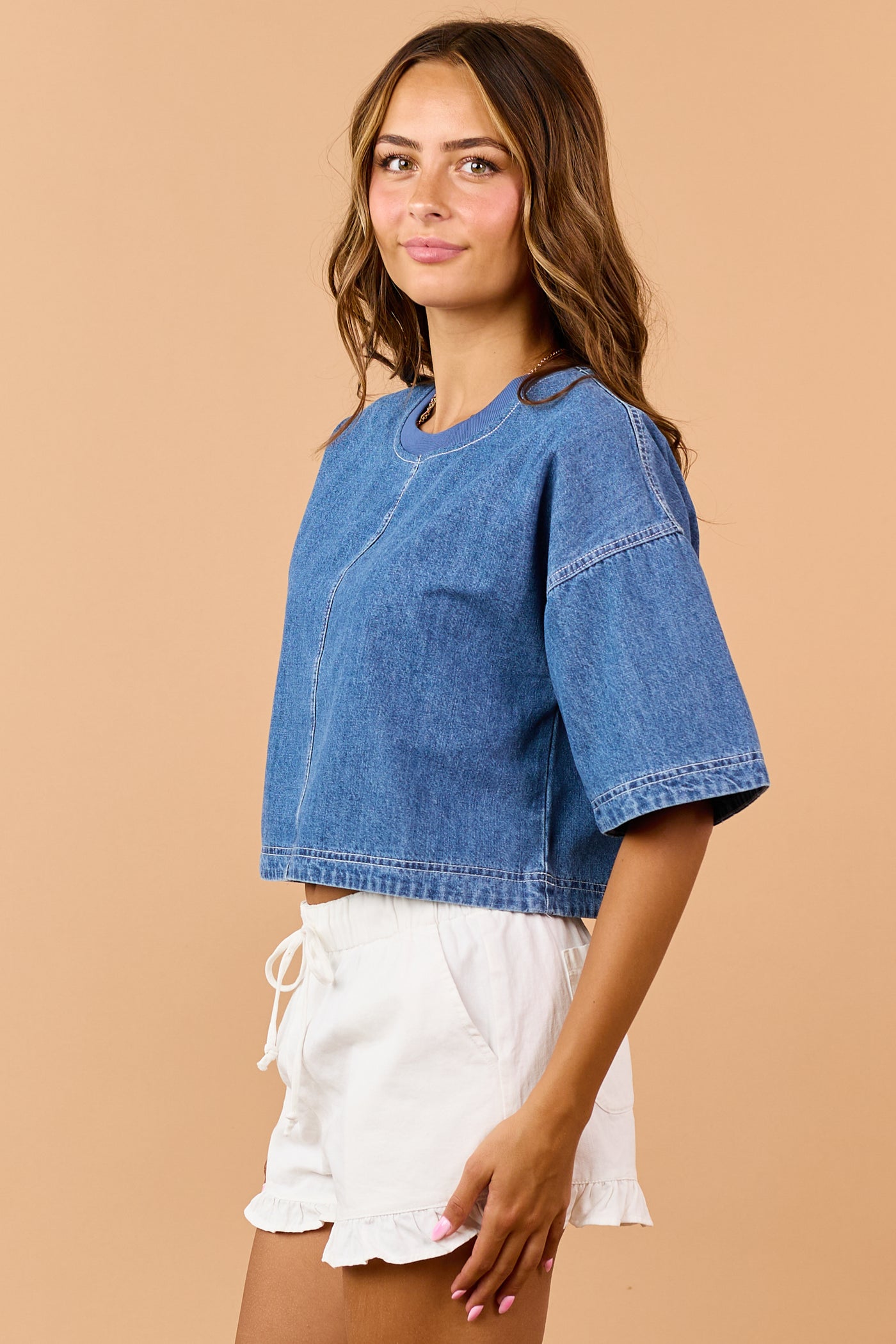 Medium Wash Denim Cropped Half Sleeve Top