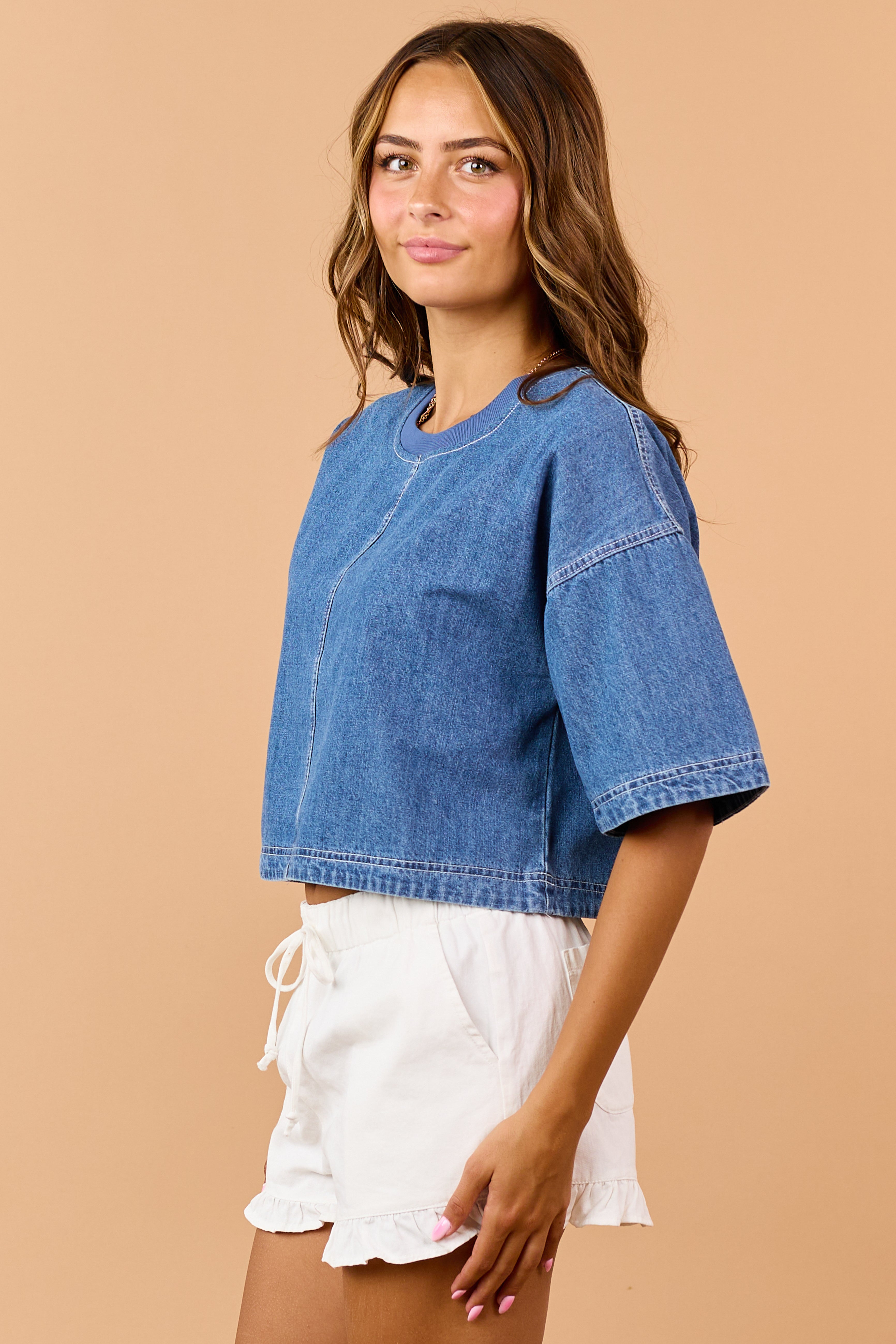 Medium Wash Denim Cropped Half Sleeve Top