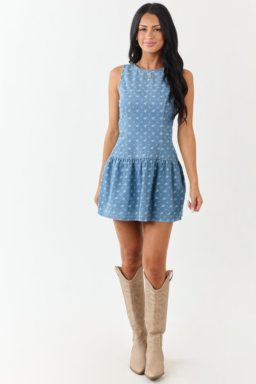 Medium Wash Denim Embroidered Mini Dress