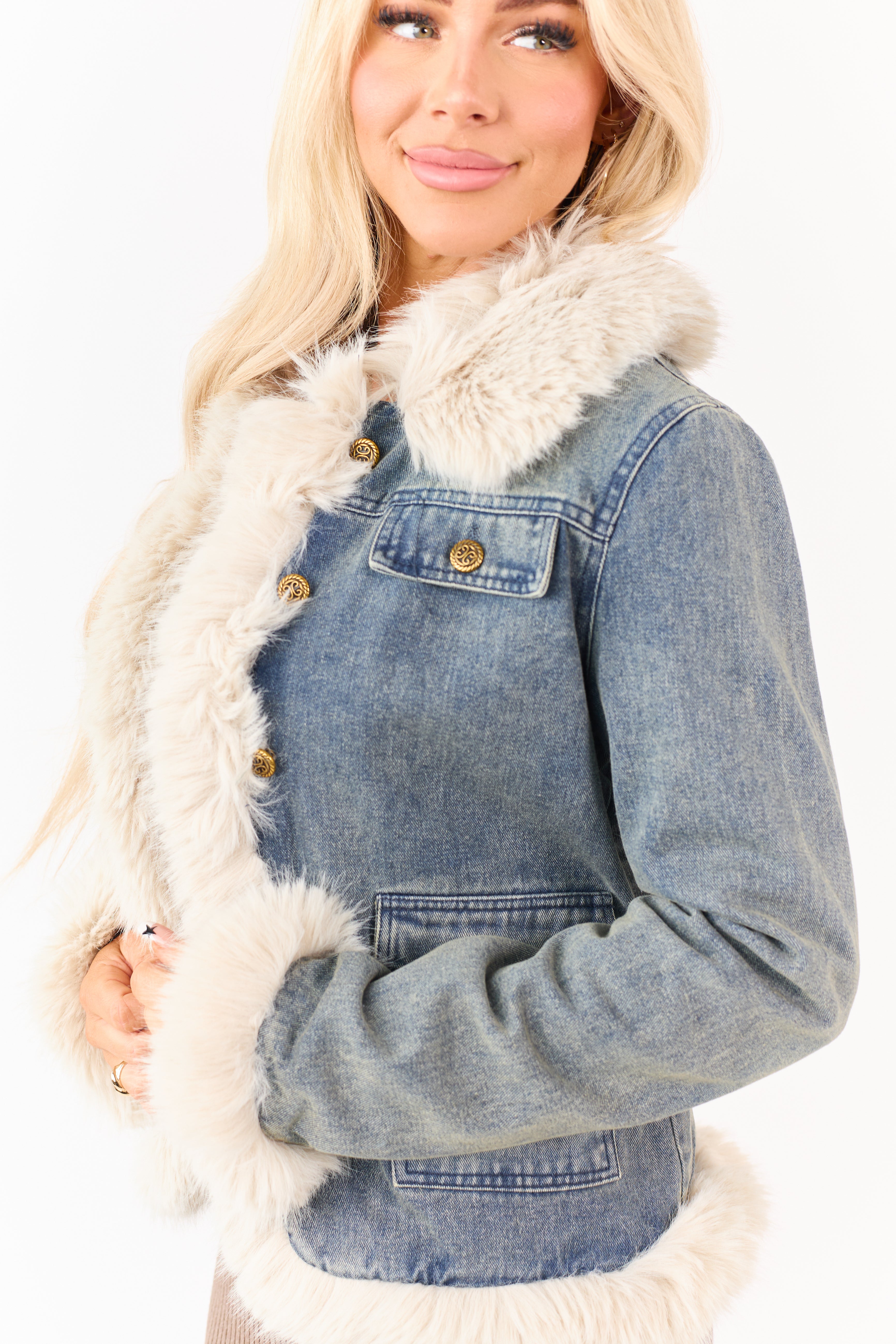 Medium Wash Denim Faux Fur Trim Button Up Jacket