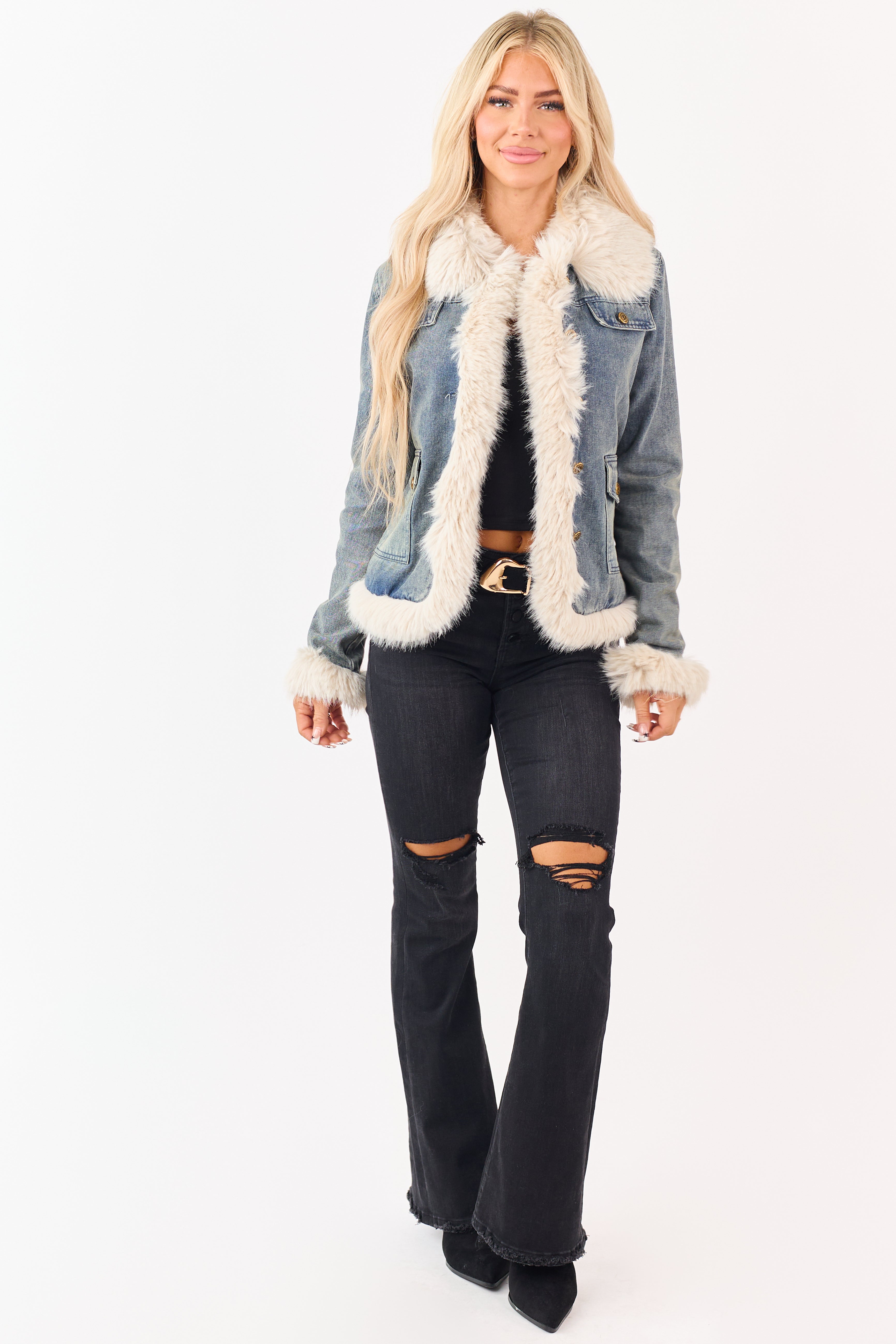 Medium Wash Denim Faux Fur Trim Button Up Jacket