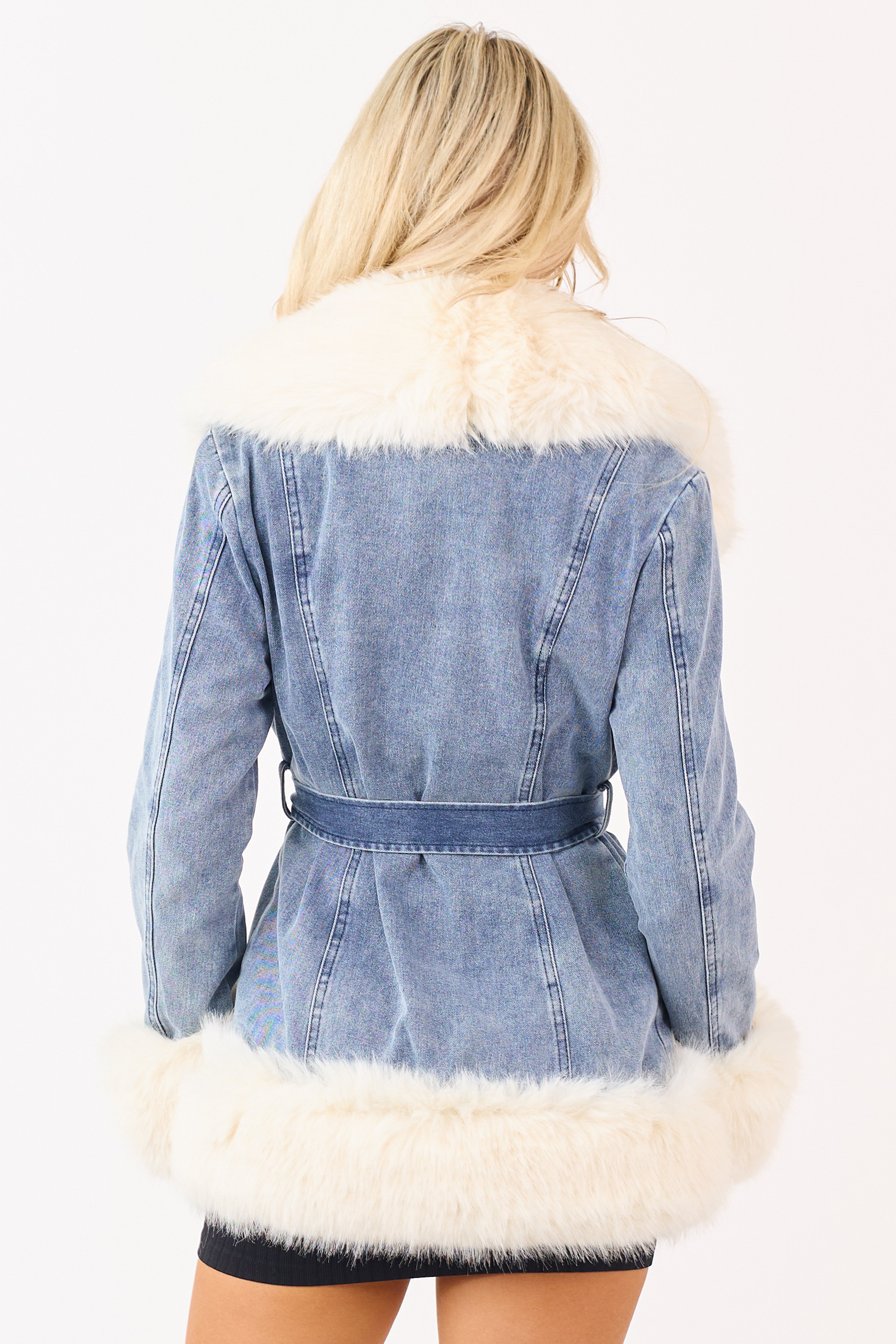 Medium Wash Denim Faux Fur Trim Jacket
