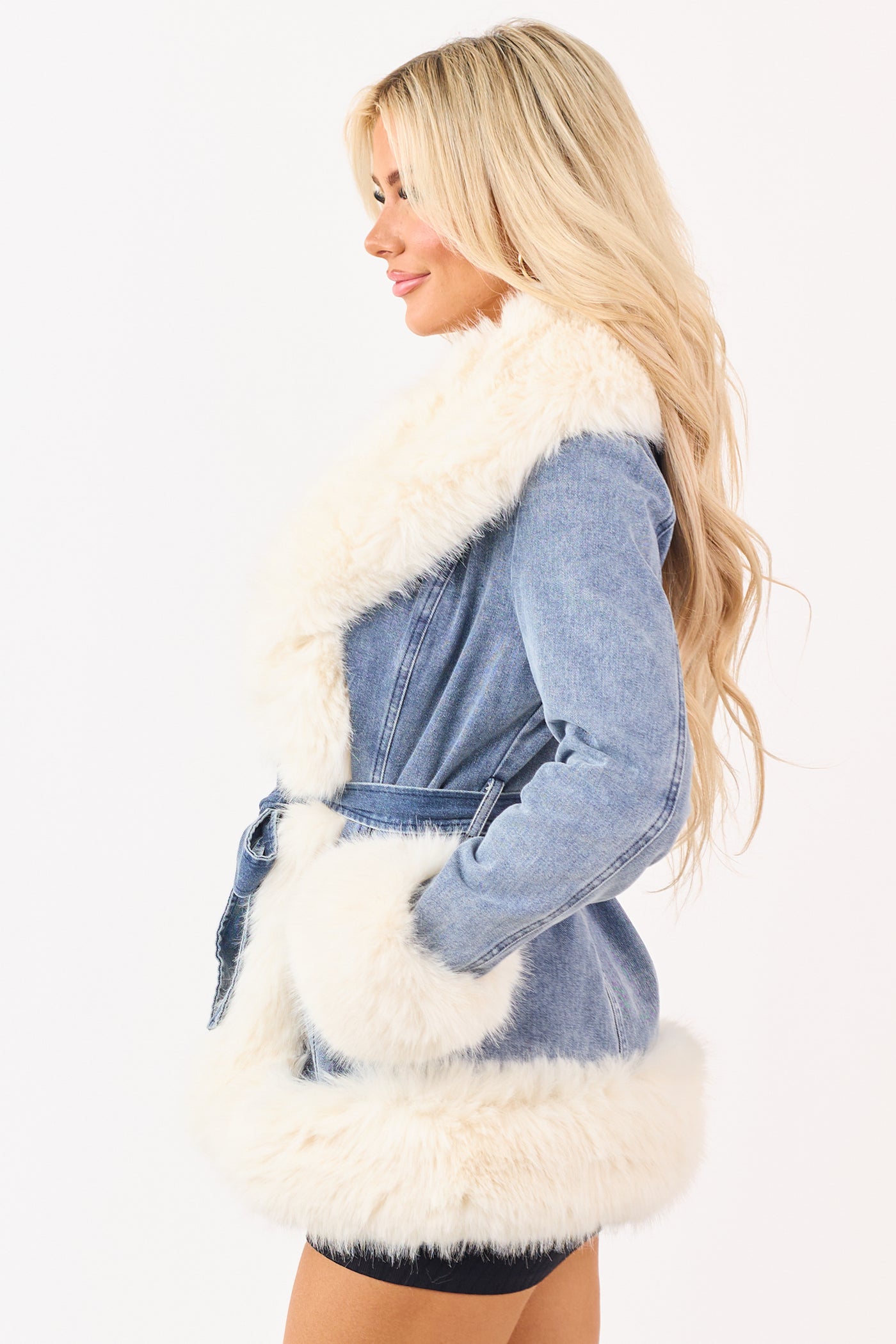 Medium Wash Denim Faux Fur Trim Jacket