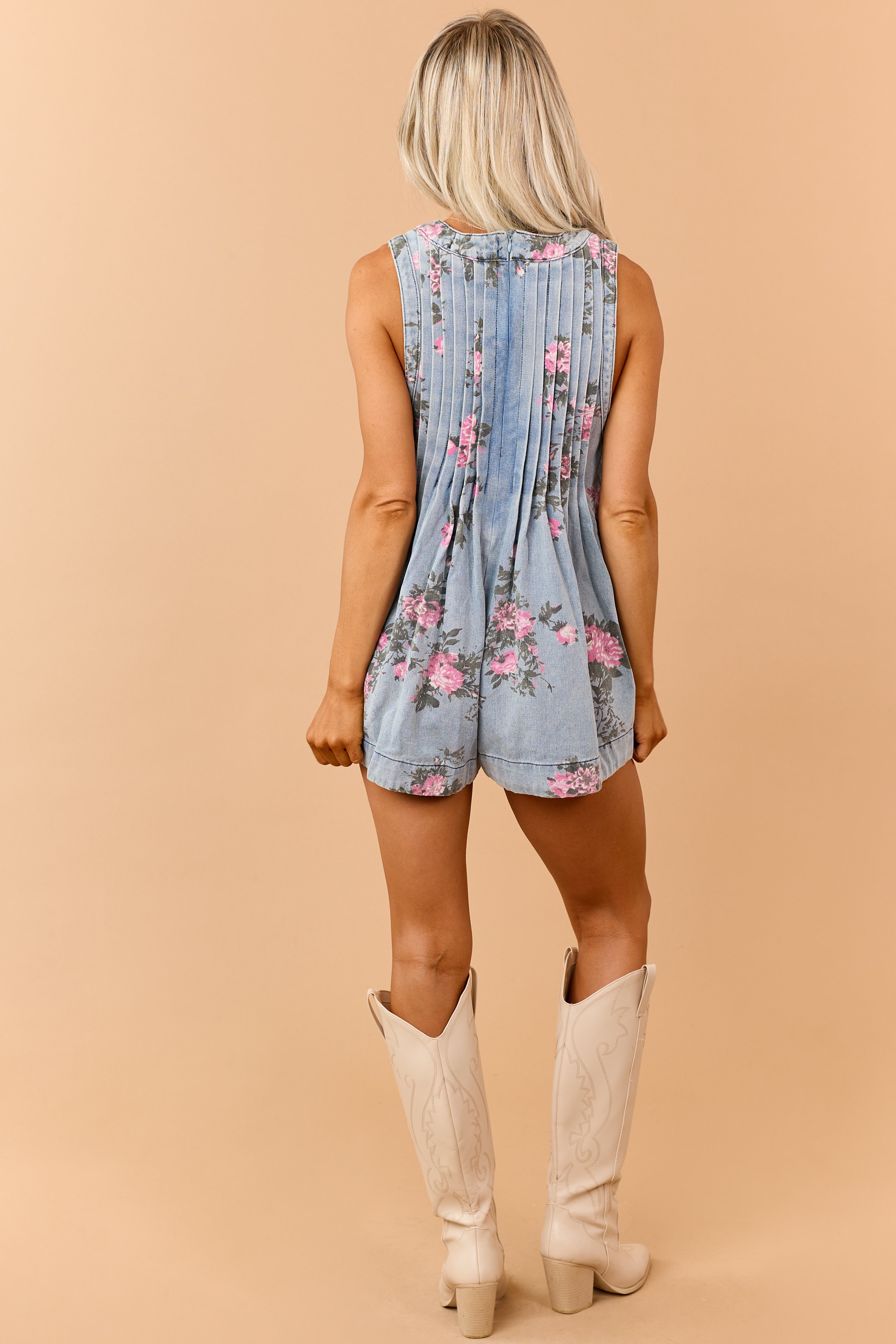 Medium Wash Denim Floral Pleated Bodice Flare Romper | Lime Lush