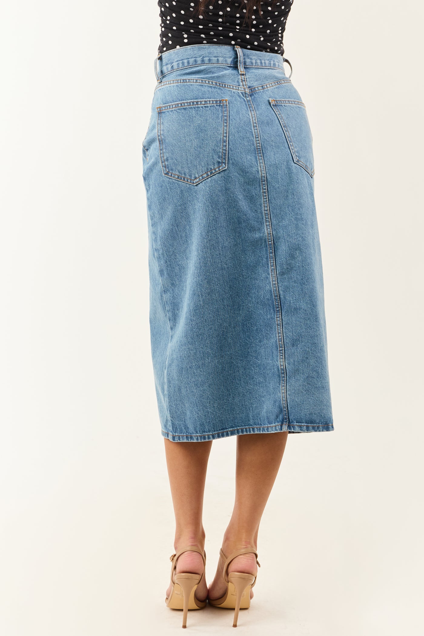 Medium Wash Denim Front Slit Midi Skirt