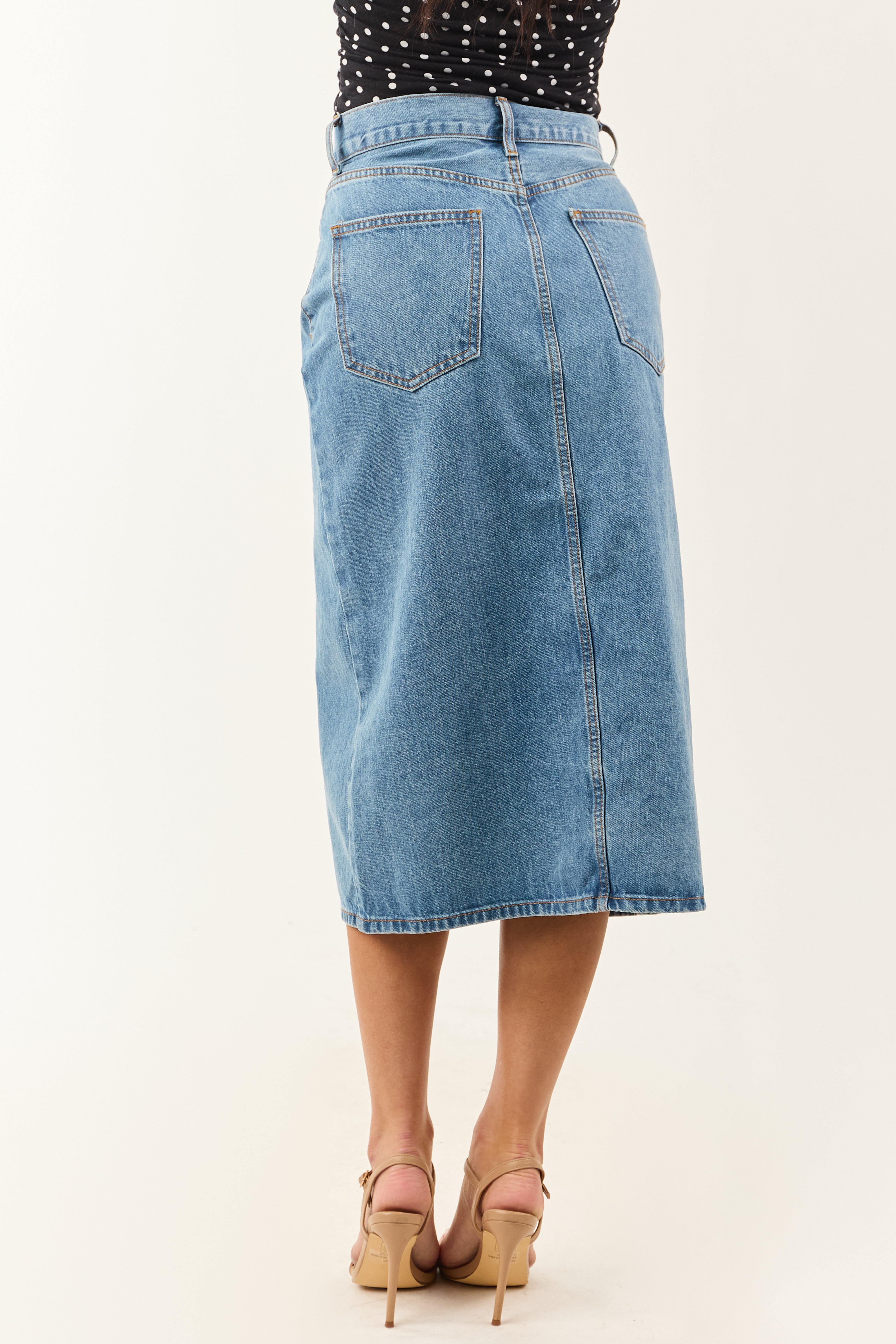 Medium Wash Denim Front Slit Midi Skirt