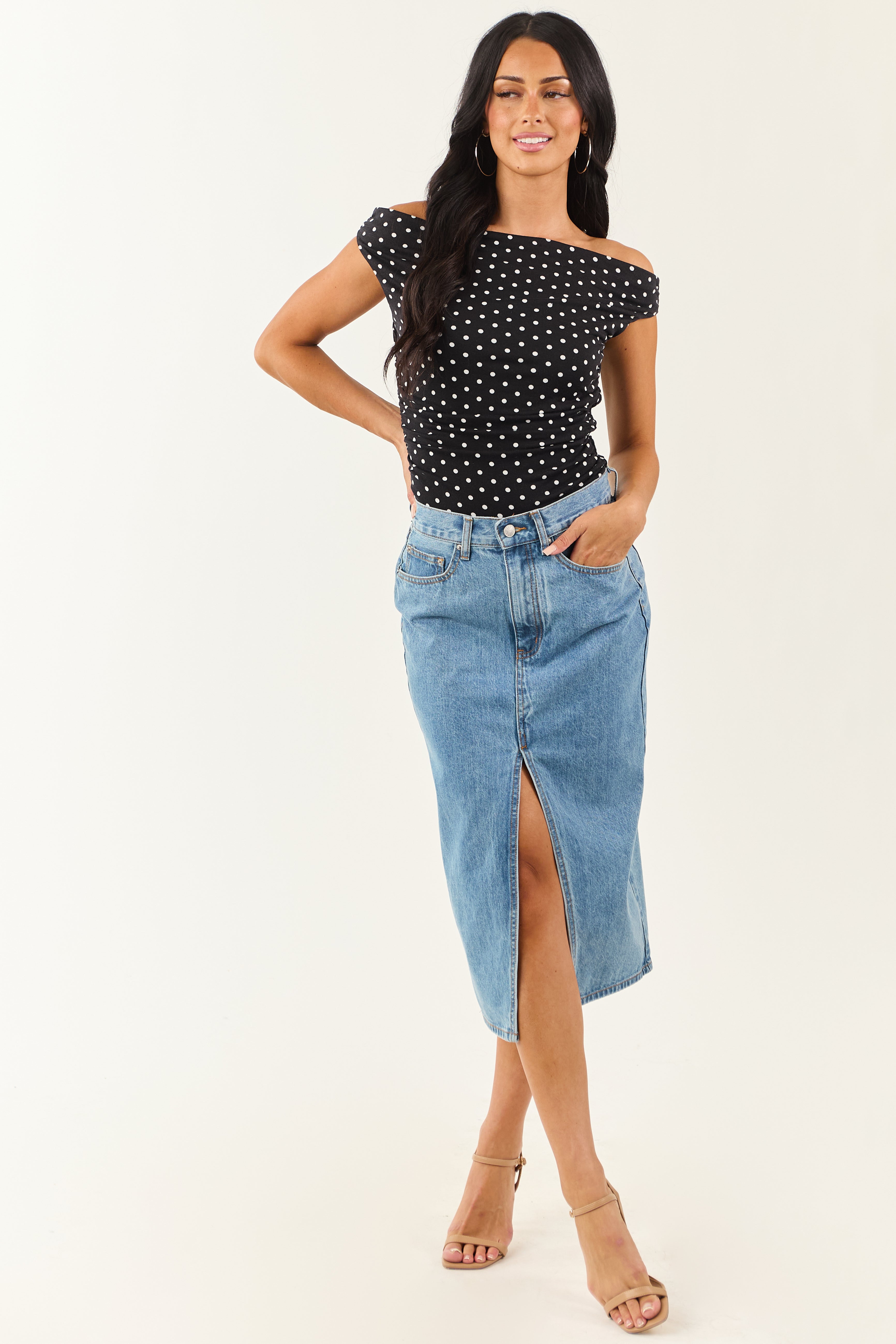 Medium Wash Denim Front Slit Midi Skirt