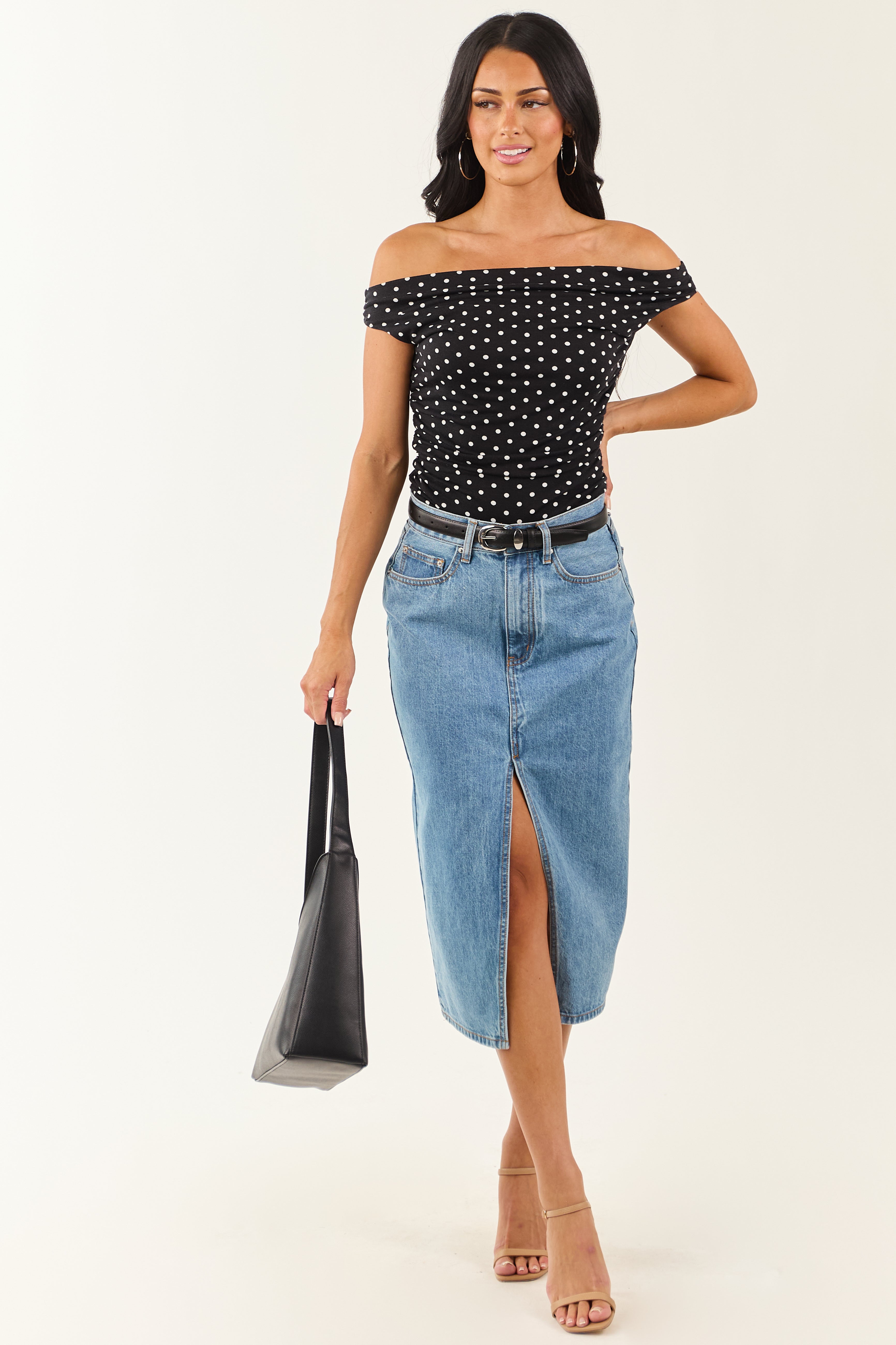 Medium Wash Denim Front Slit Midi Skirt