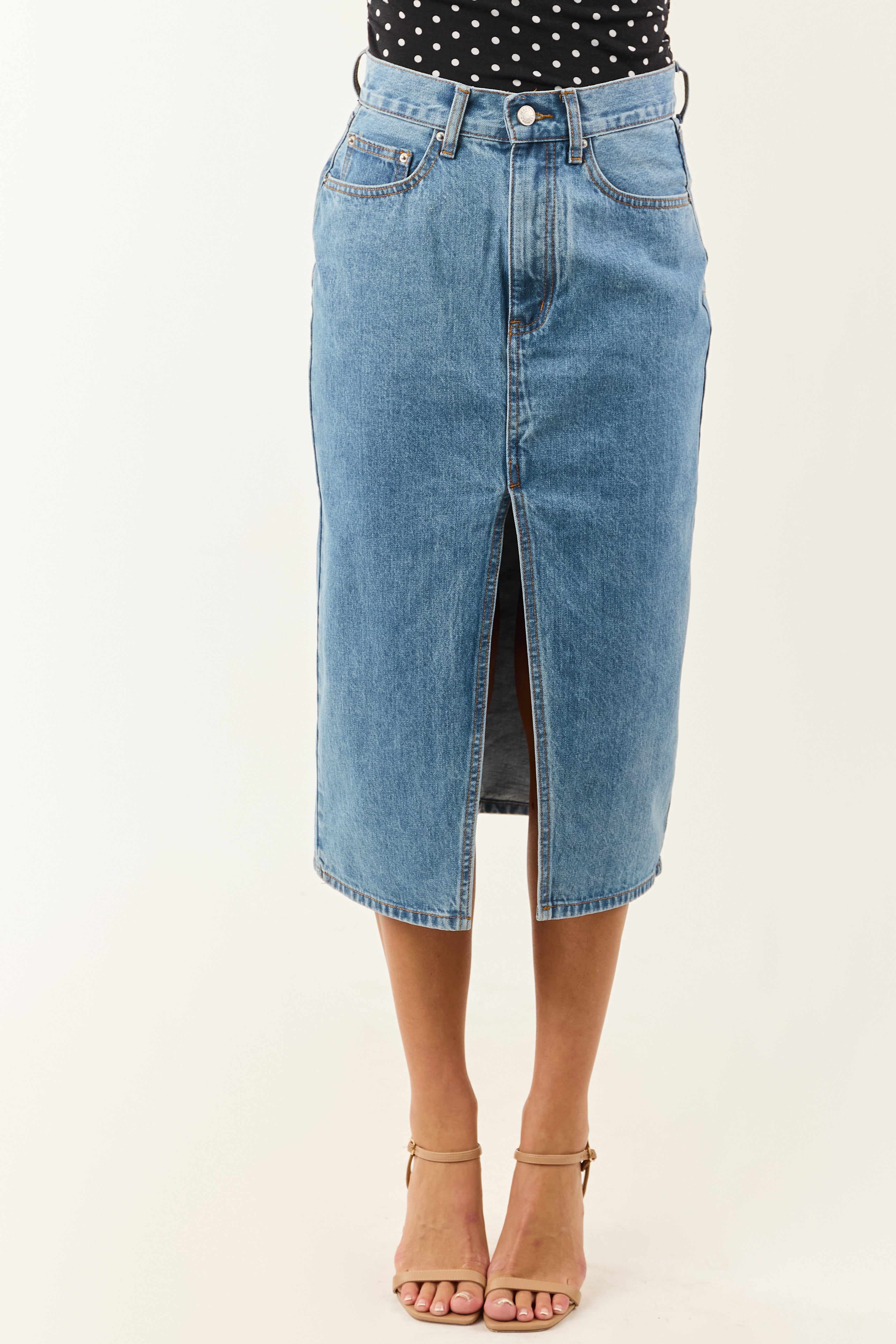 Medium Wash Denim Front Slit Midi Skirt