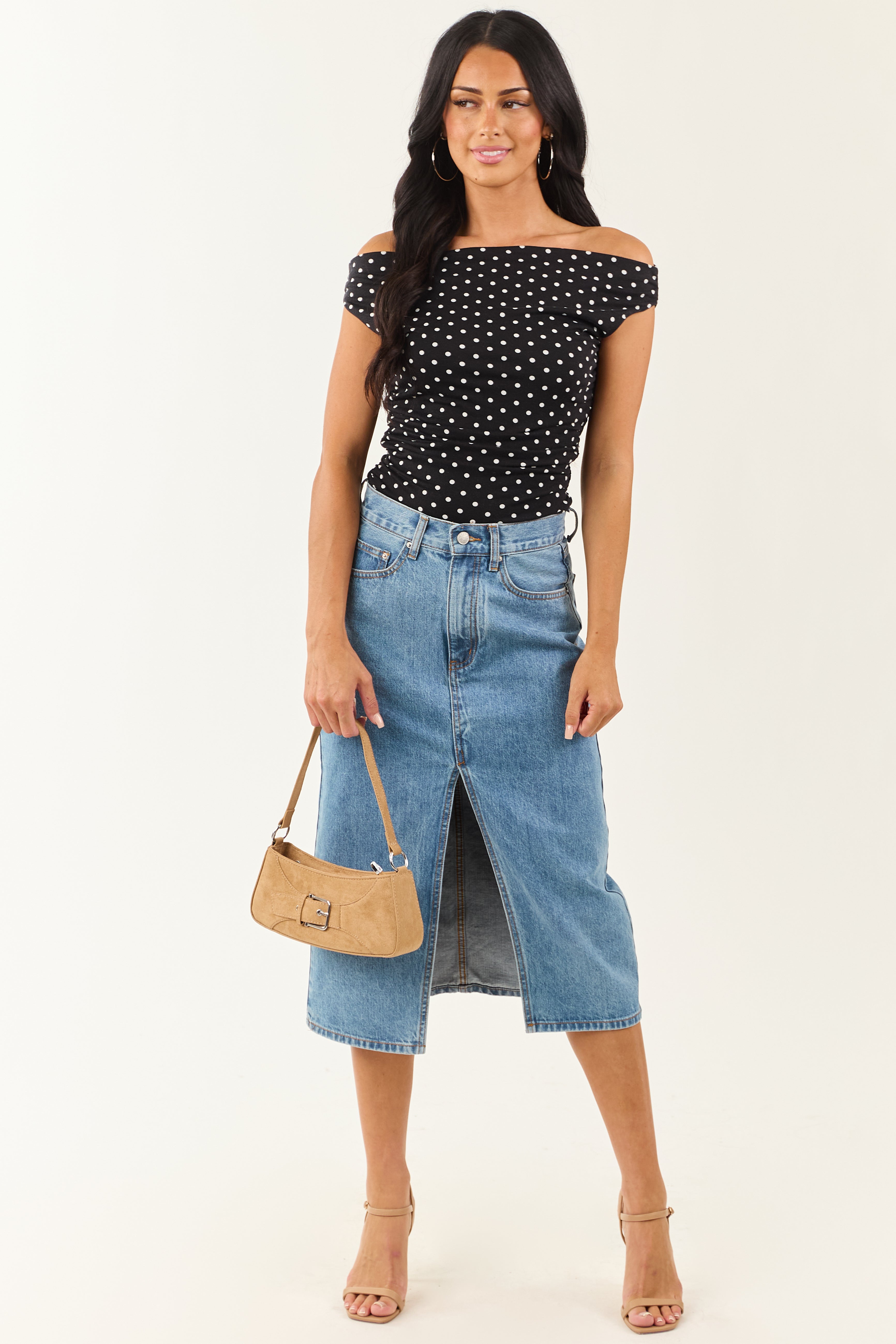 Medium Wash Denim Front Slit Midi Skirt