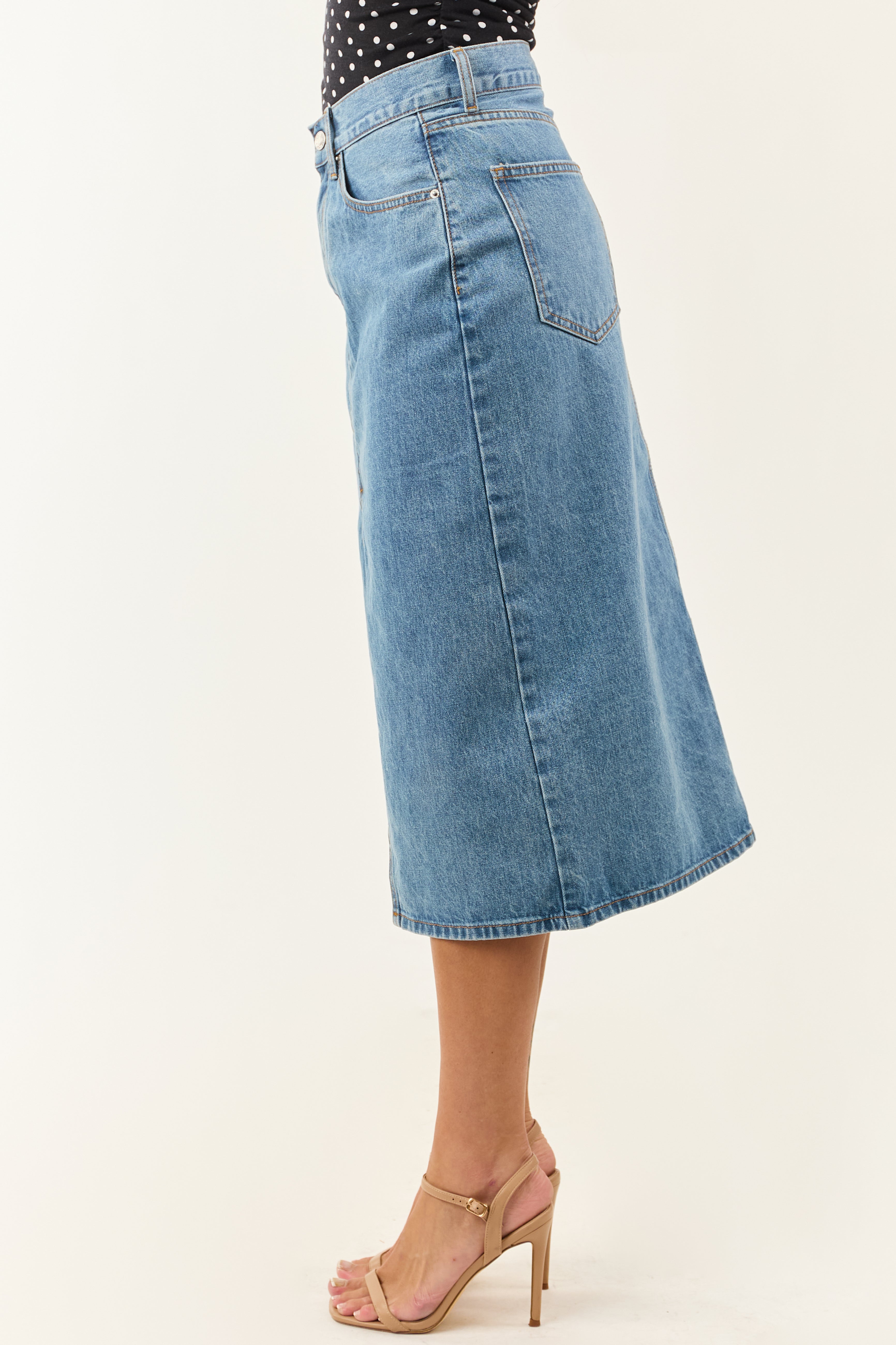 Medium Wash Denim Front Slit Midi Skirt