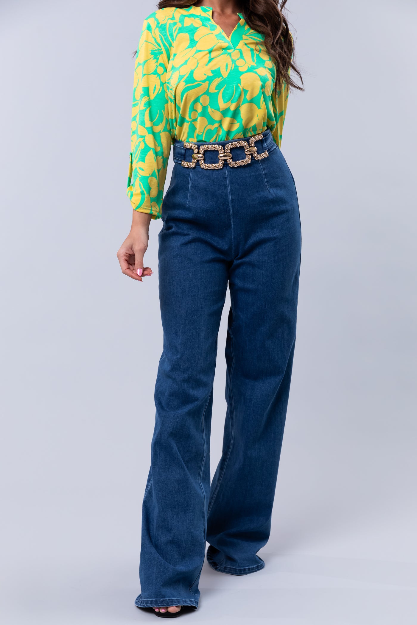 Medium Wash Denim Gold Belt High Waisted Jeans