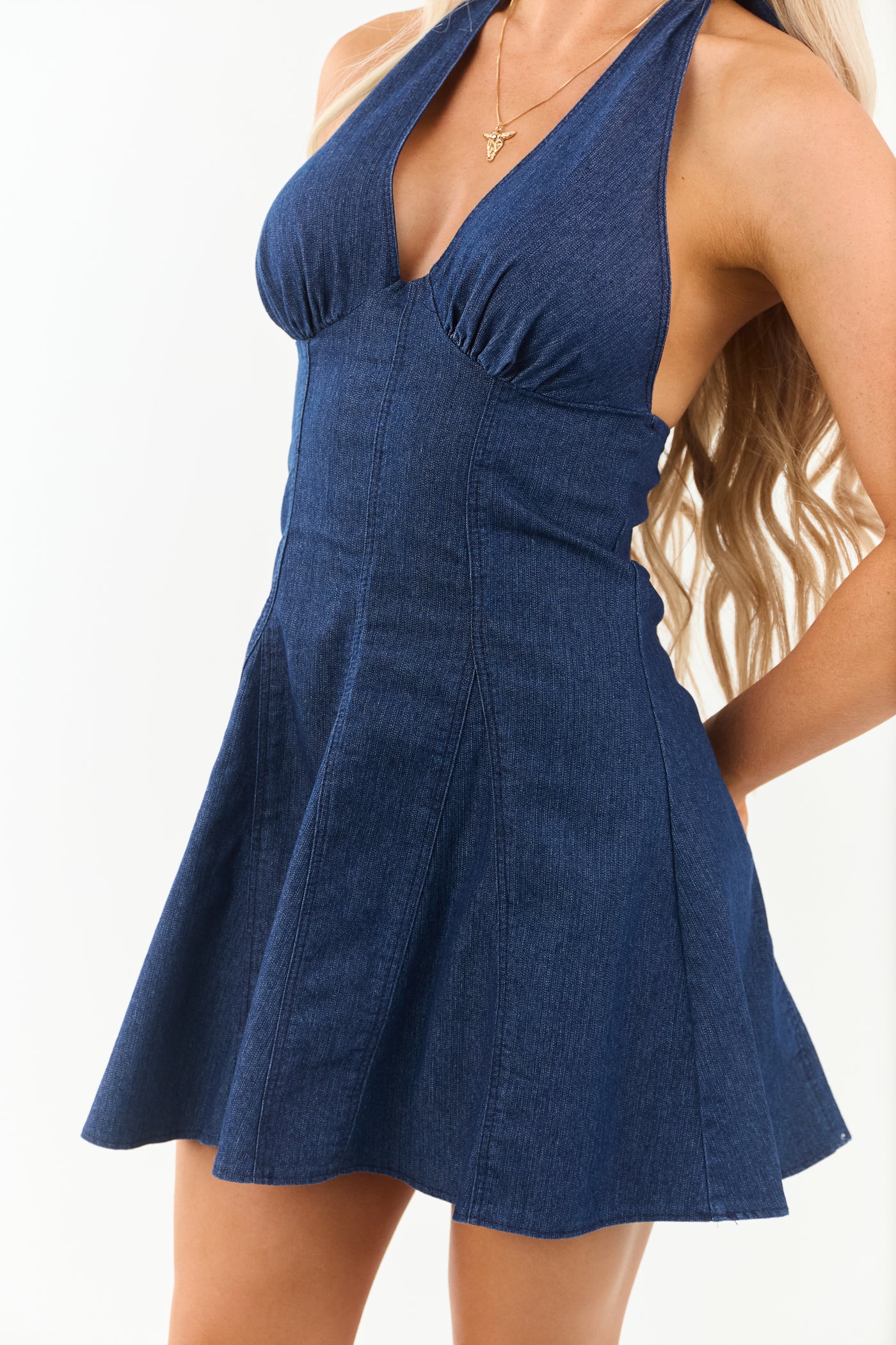 Medium Wash Denim Halter Neck Open Back Mini Dress