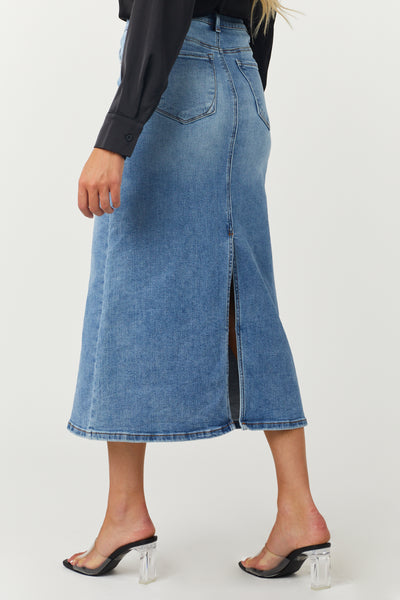 Medium Wash Denim High Rise Back Slit Skirt