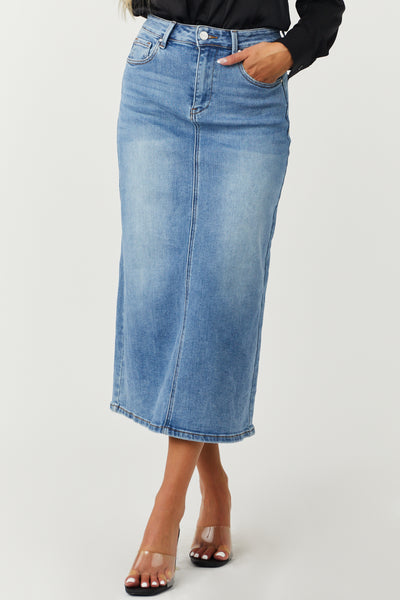 Medium Wash Denim High Rise Back Slit Skirt