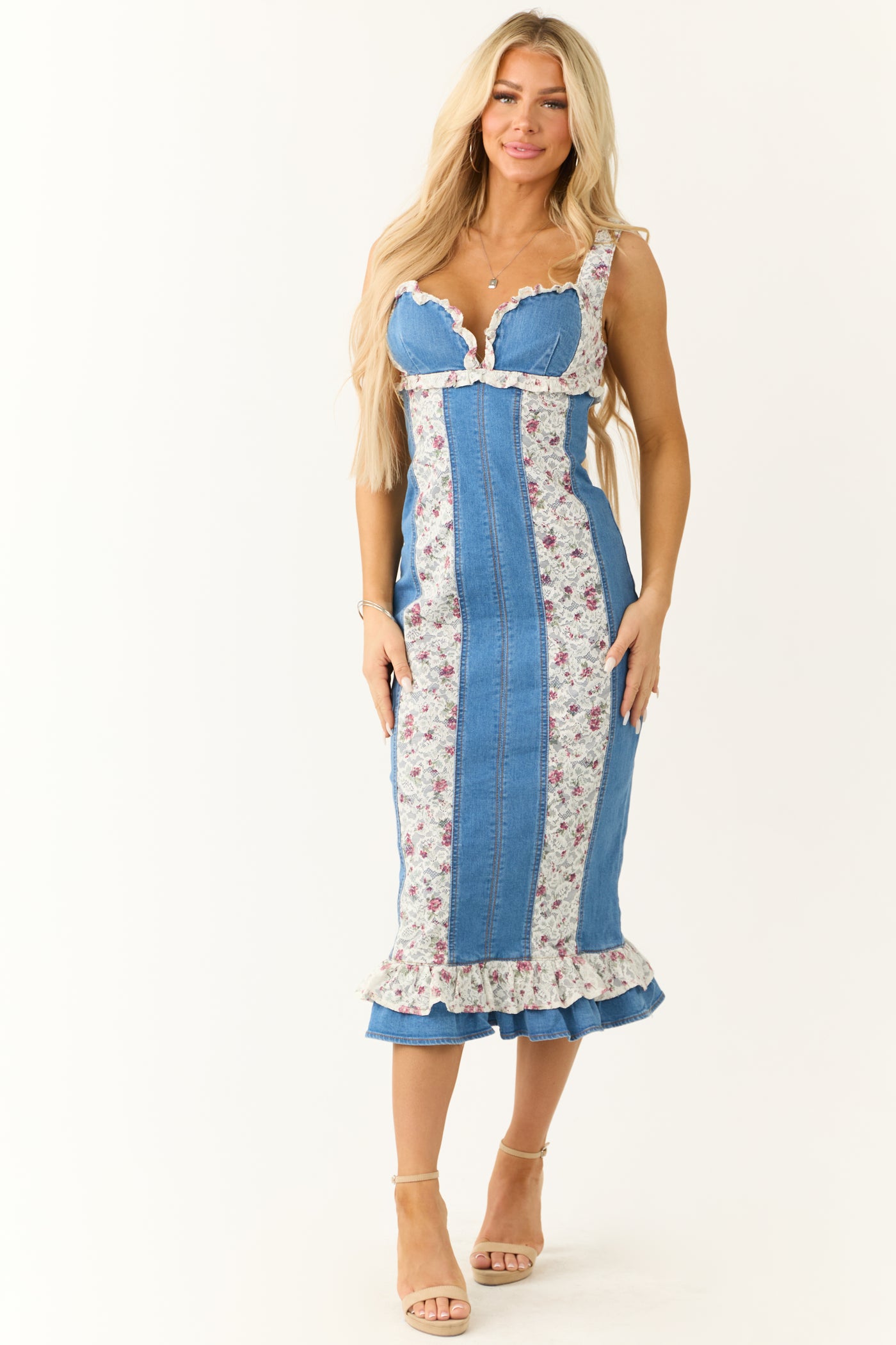 Medium Wash Denim Lace Ruffle Sweetheart Midi Dress - S Medium Wash Denim Lace Ruffle Sweetheart Midi Dress - S