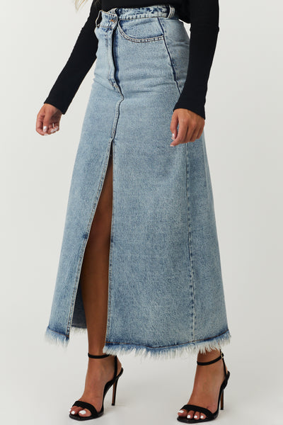 Medium Wash Denim Maxi Skirt with Front Slit