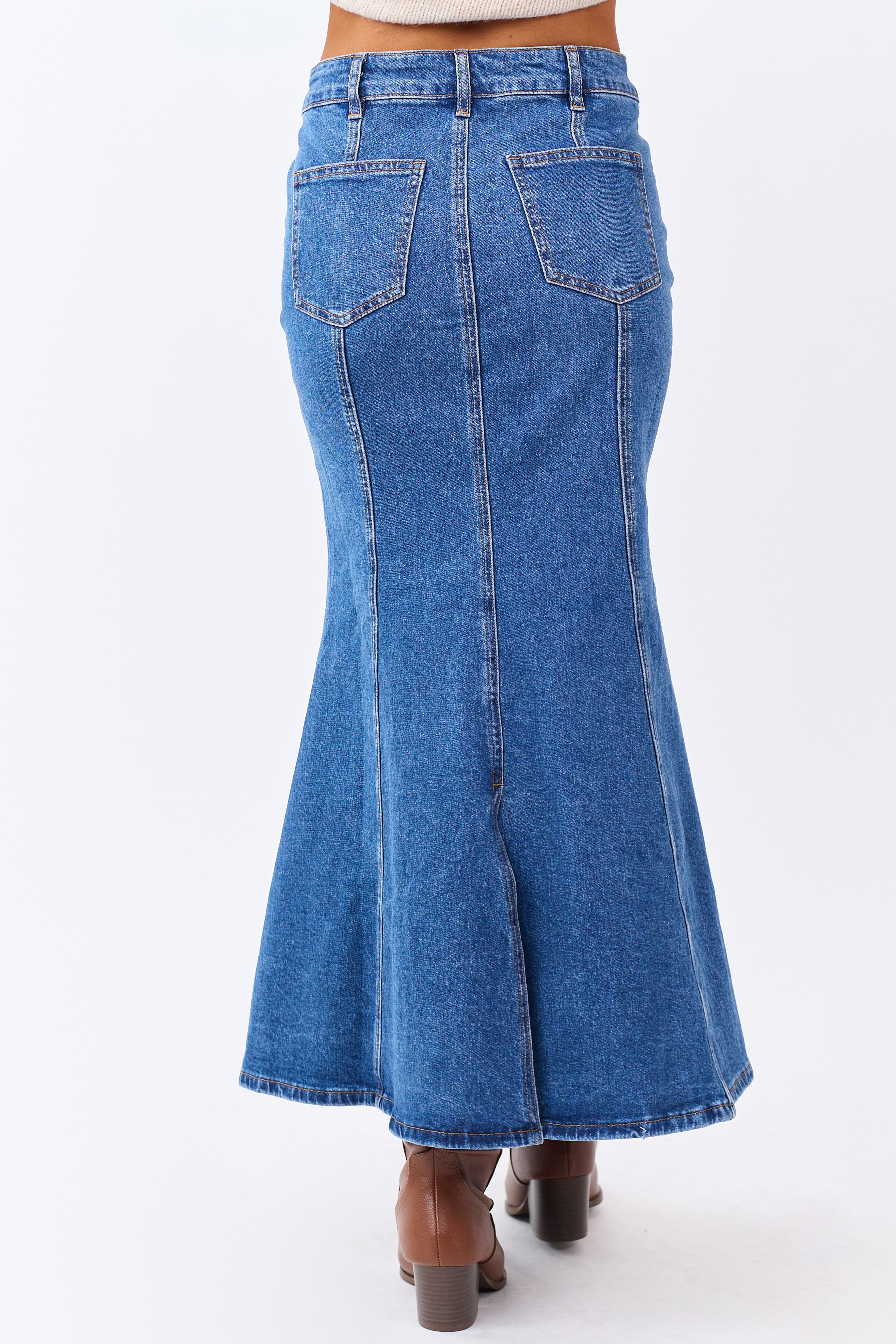 Medium Wash Denim Mermaid Hem Maxi Skirt | Lime Lush Boutique