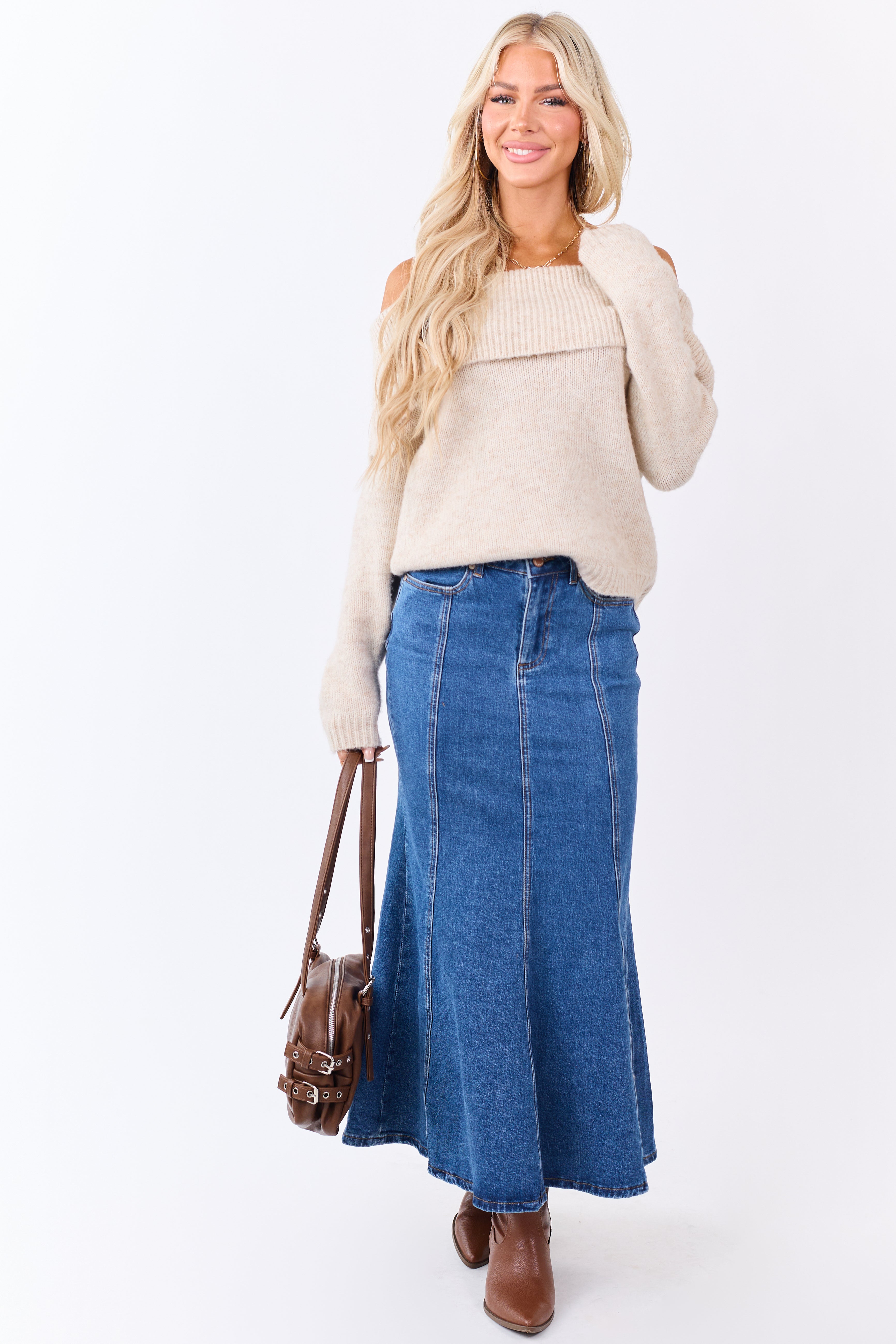 Medium Wash Denim Mermaid Hem Maxi Skirt | Lime Lush Boutique