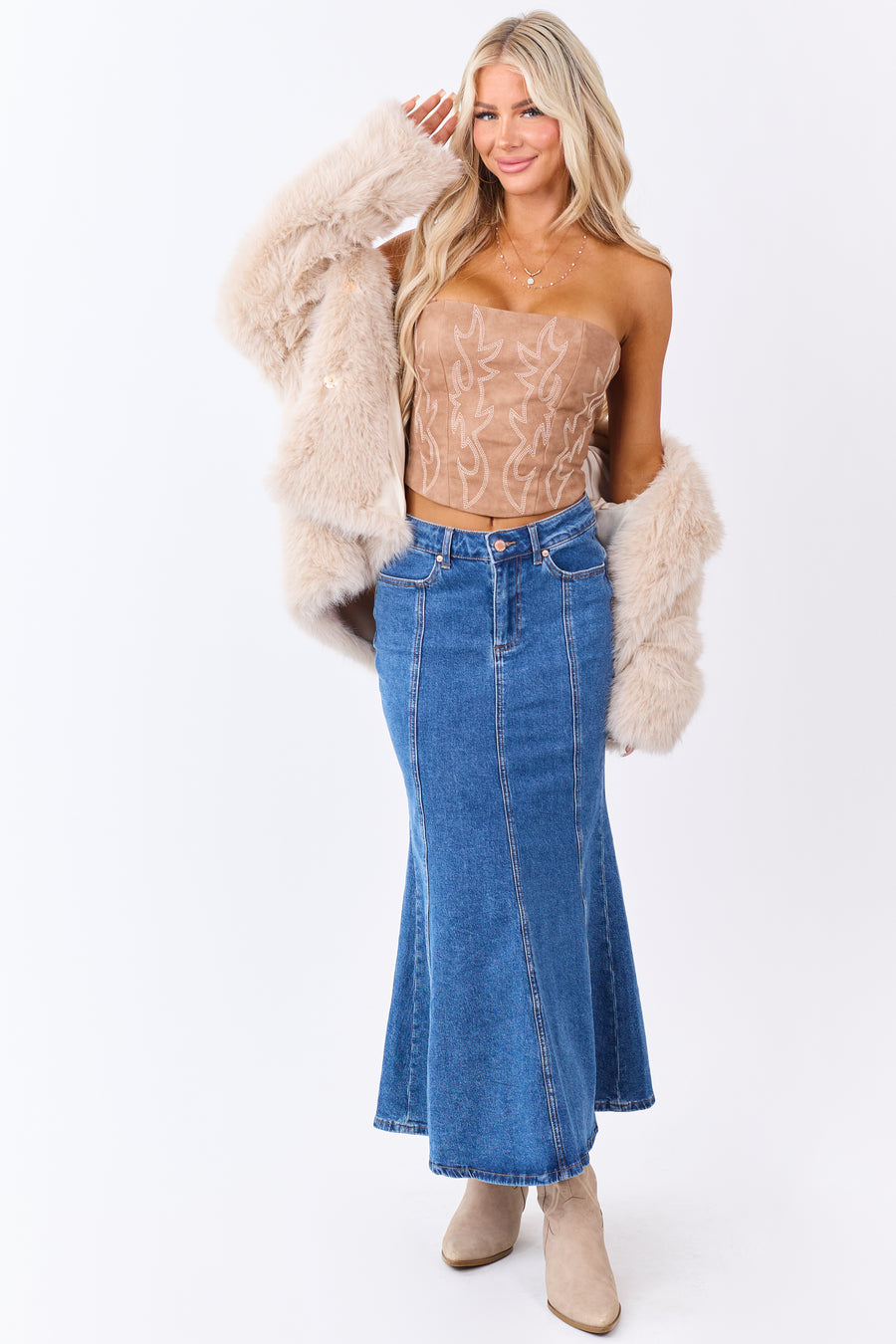 Medium Wash Denim Mermaid Hem Maxi Skirt