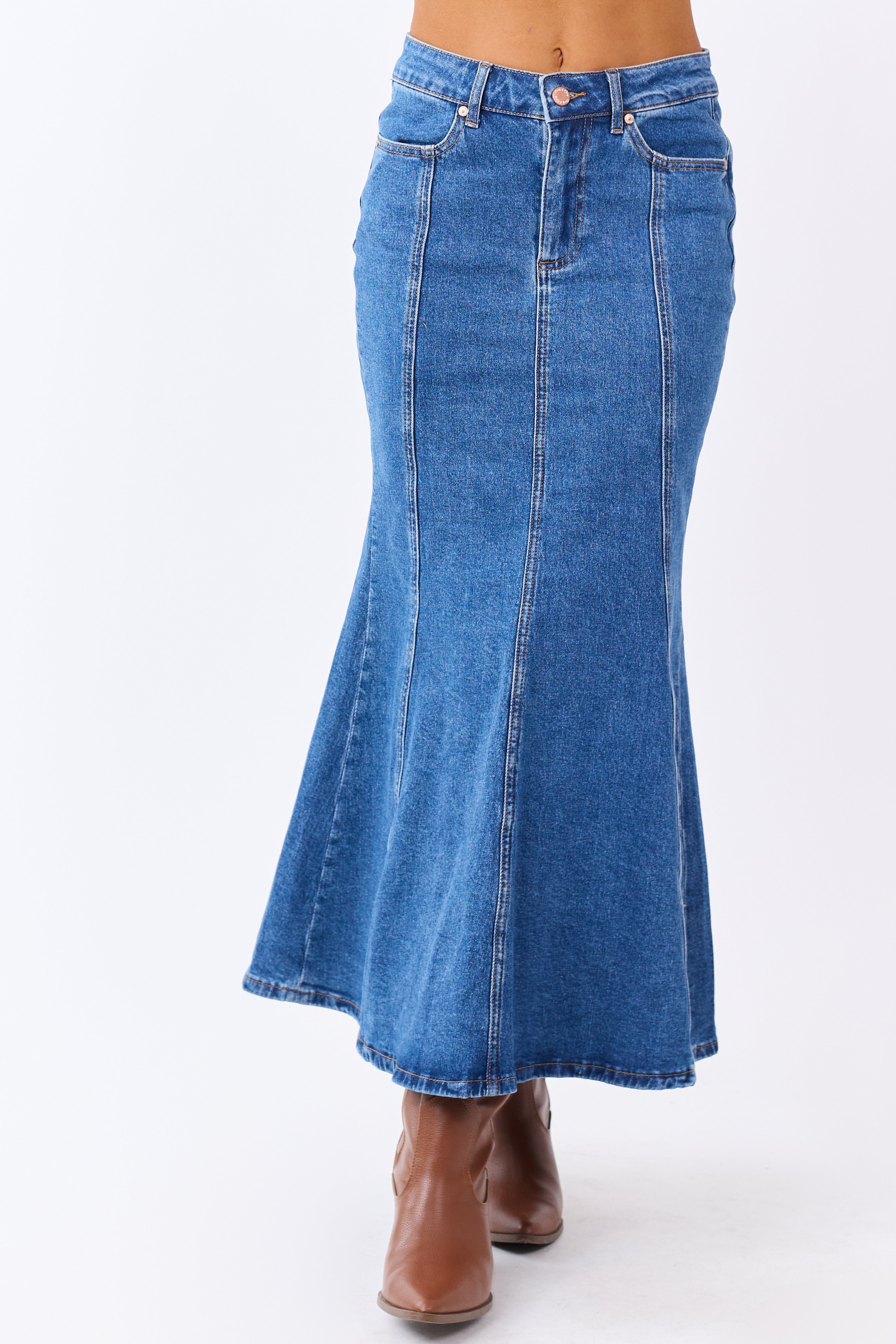 Medium Wash Denim Mermaid Hem Maxi Skirt | Lime Lush Boutique
