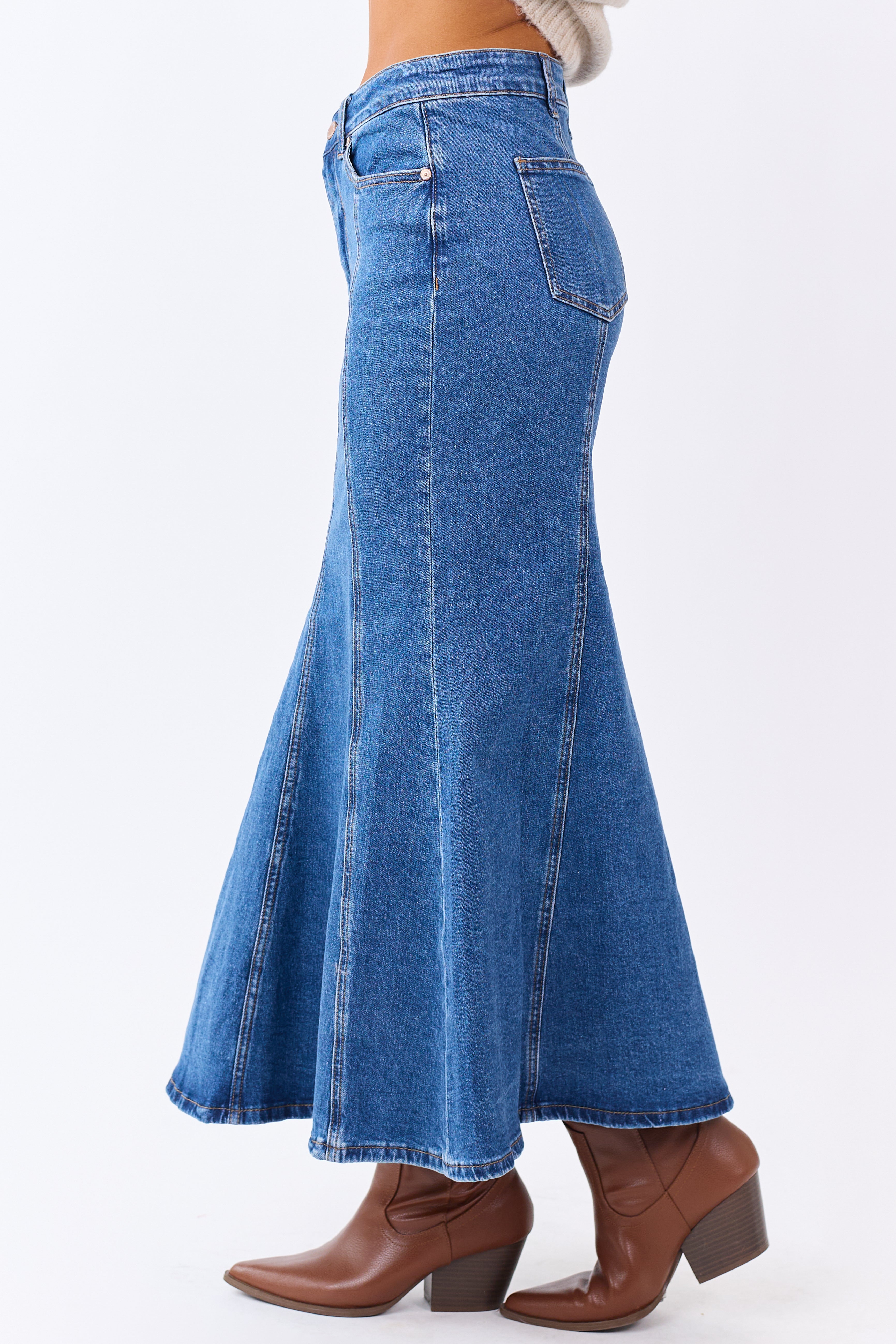 Medium Wash Denim Mermaid Hem Maxi Skirt | Lime Lush Boutique