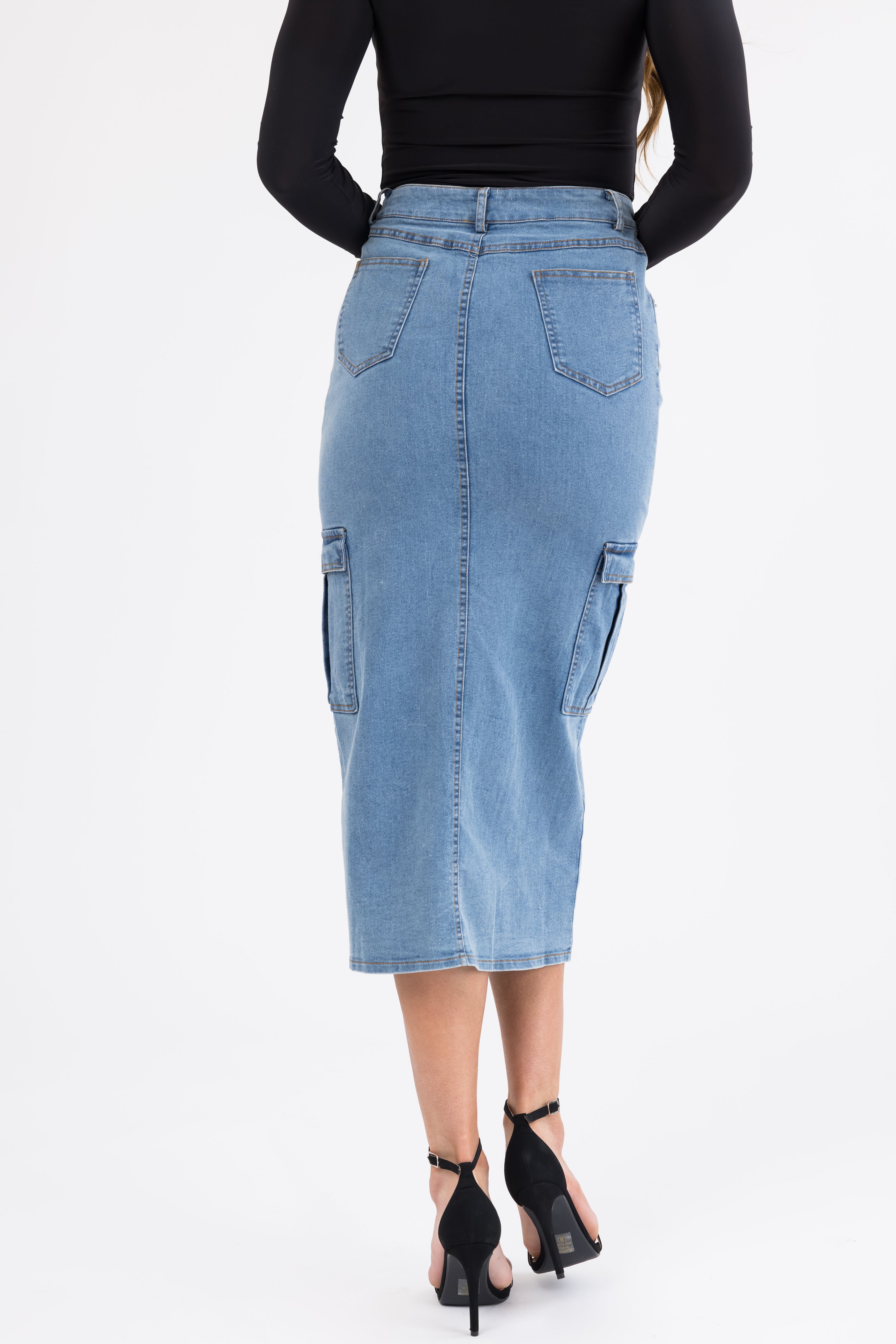 Medium Wash Denim Midi Skirt with Slit | Lime Lush Boutique