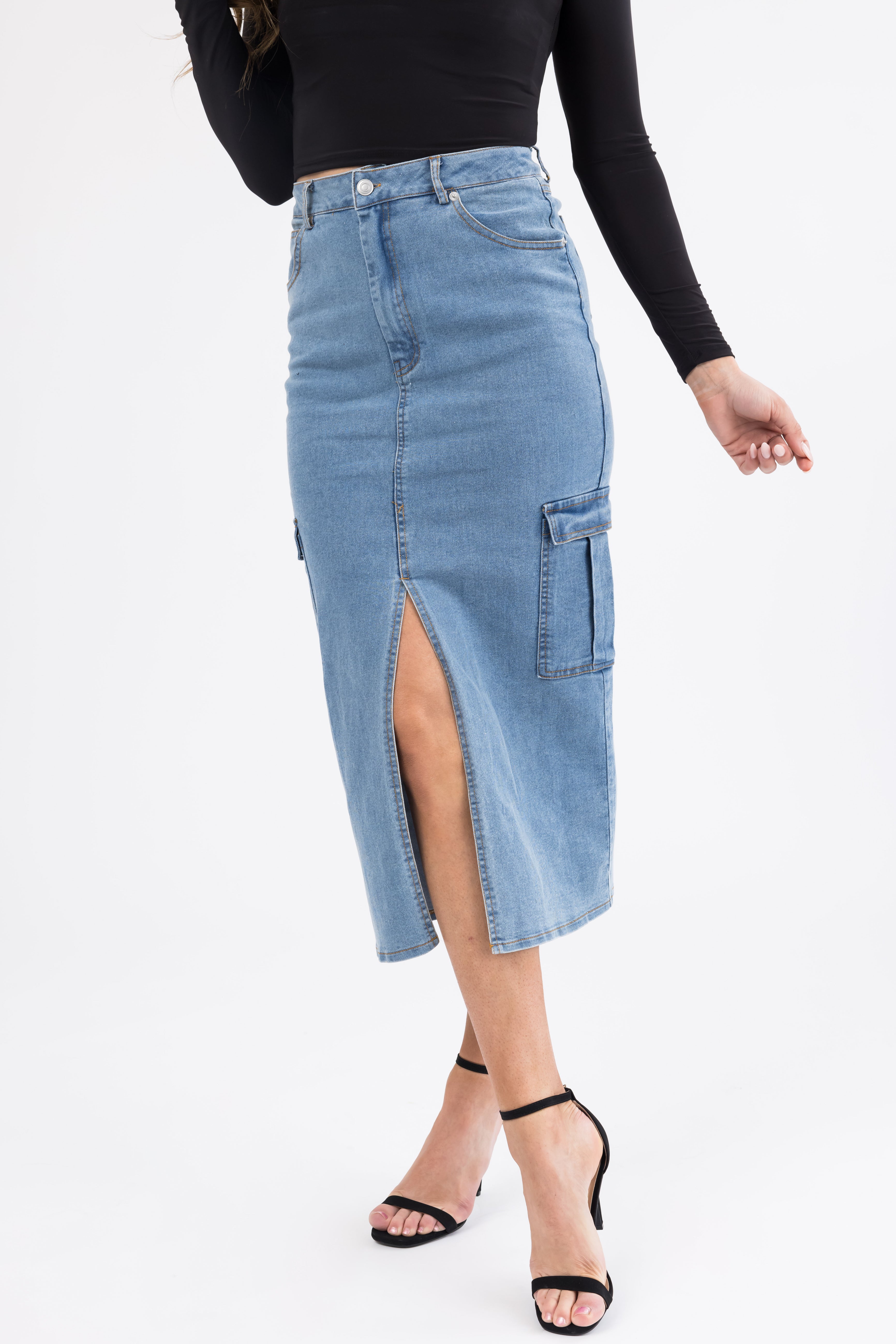 Medium Wash Denim Midi Skirt with Slit | Lime Lush Boutique
