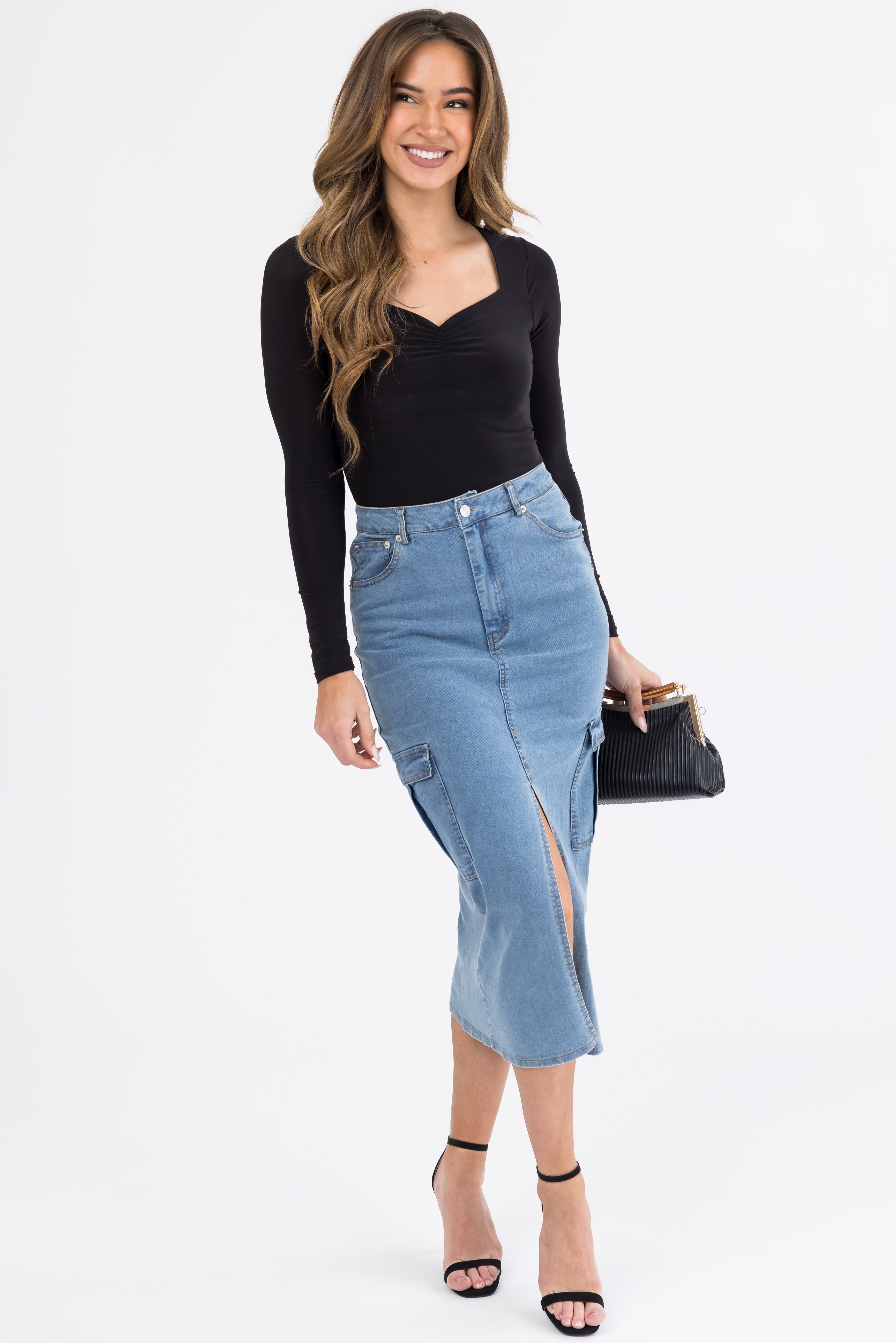 Medium Wash Denim Midi Skirt with Slit | Lime Lush Boutique