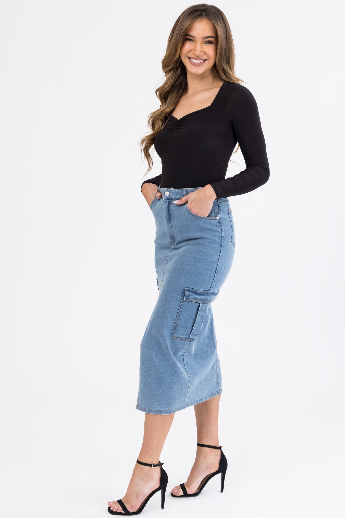 Medium Wash Denim Midi Skirt with Slit
