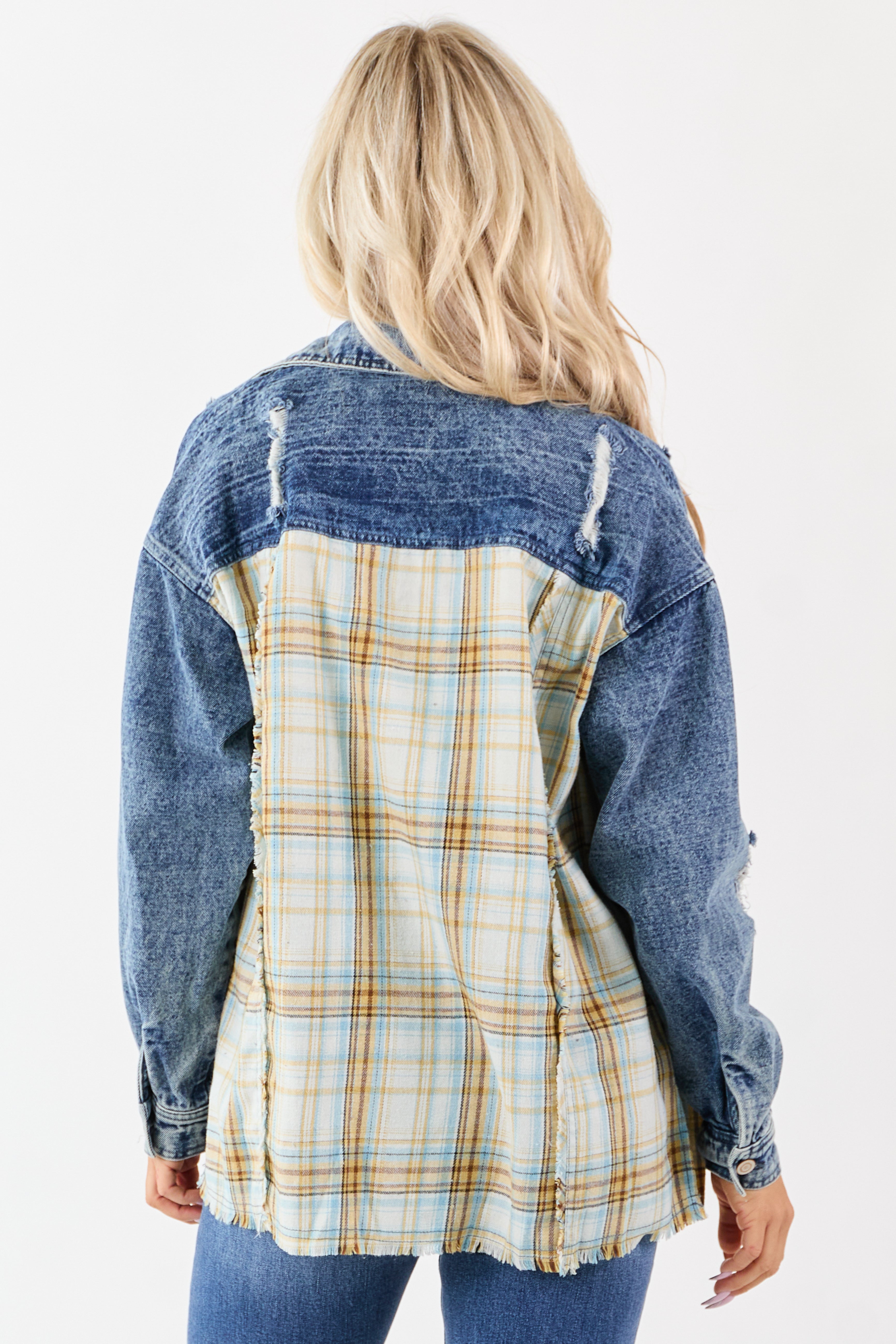 Medium Wash Denim Plaid Contrast Button Up Jacket