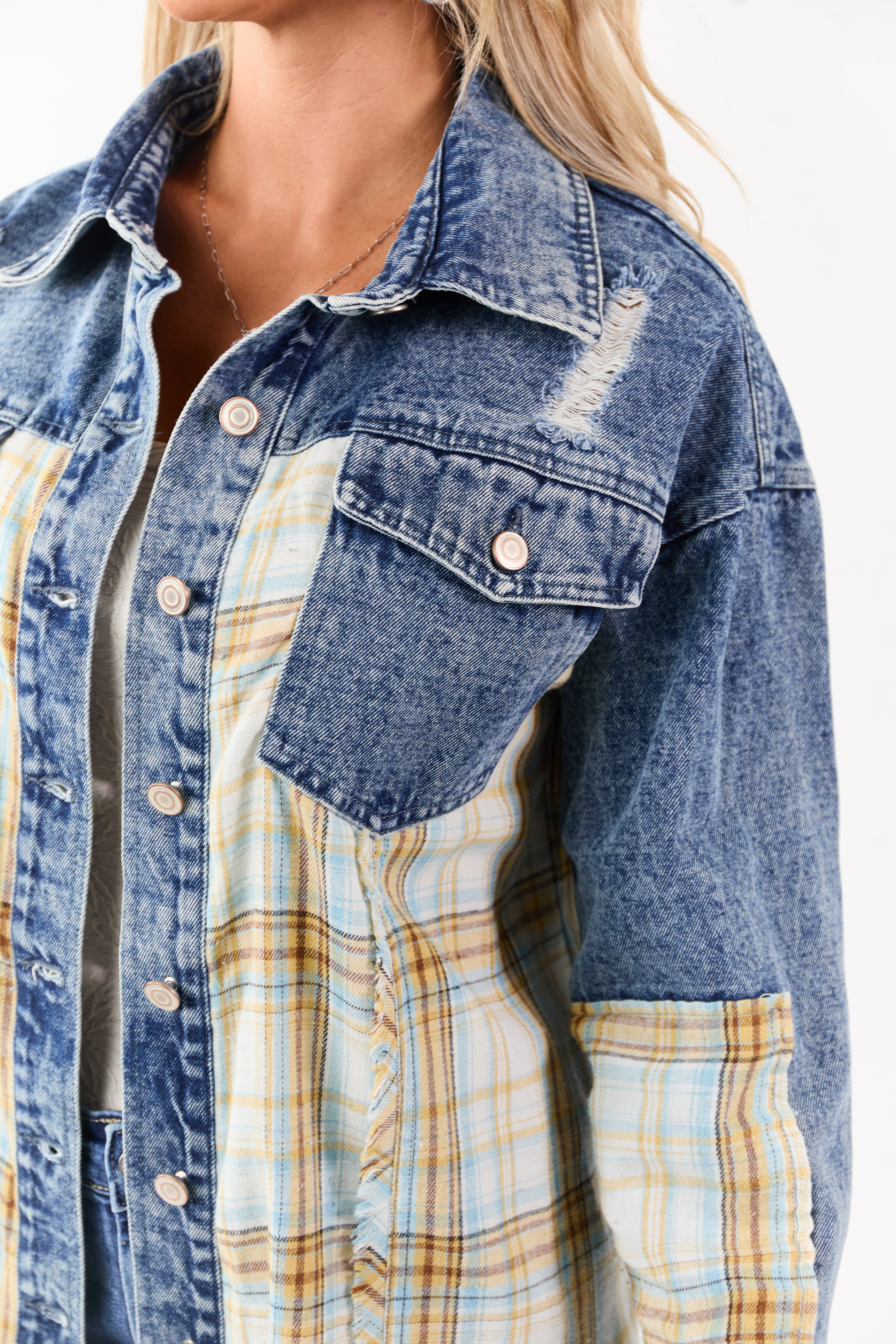 Medium Wash Denim Plaid Contrast Button Up Jacket