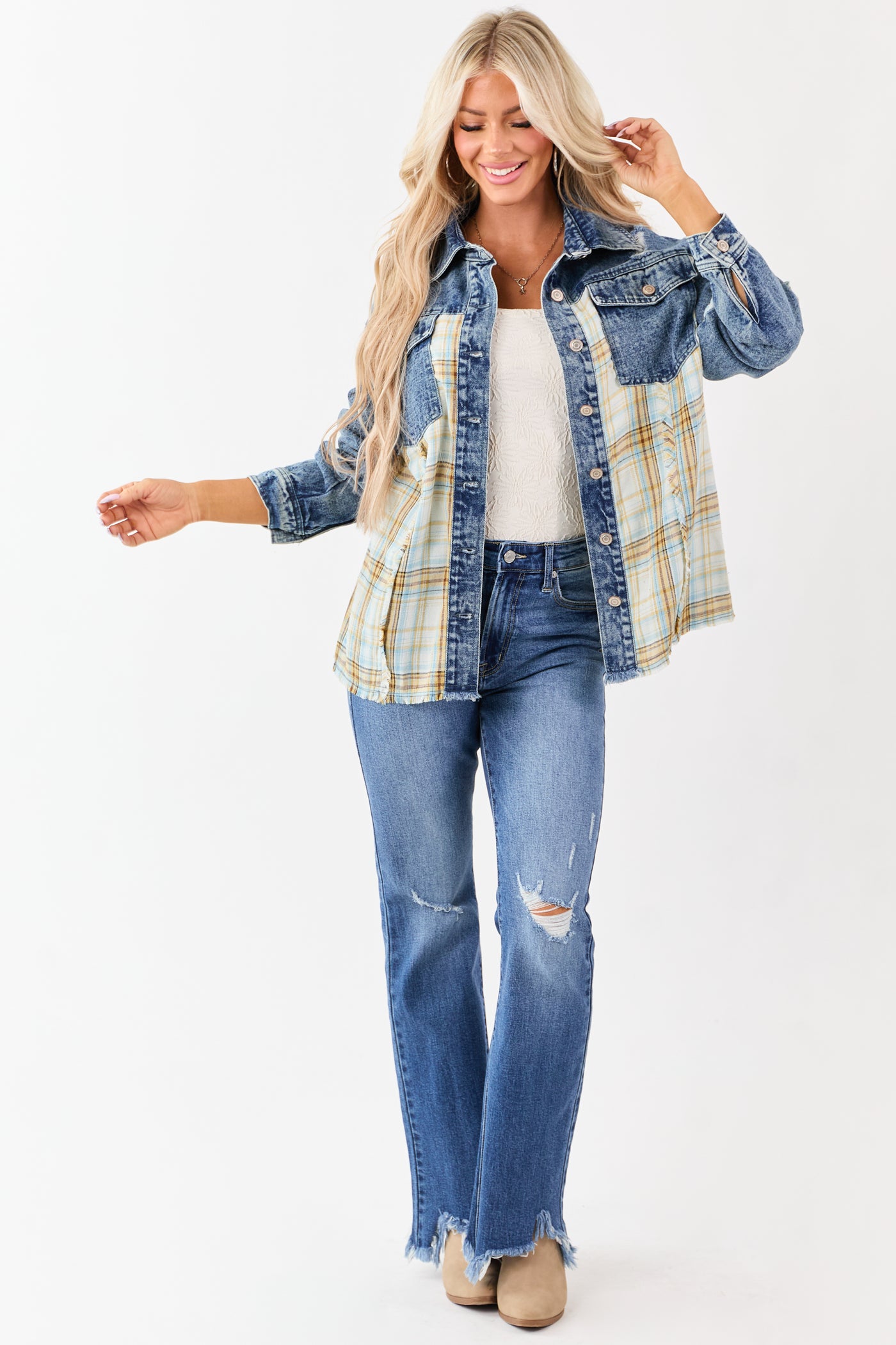 Medium Wash Denim Plaid Contrast Button Up Jacket