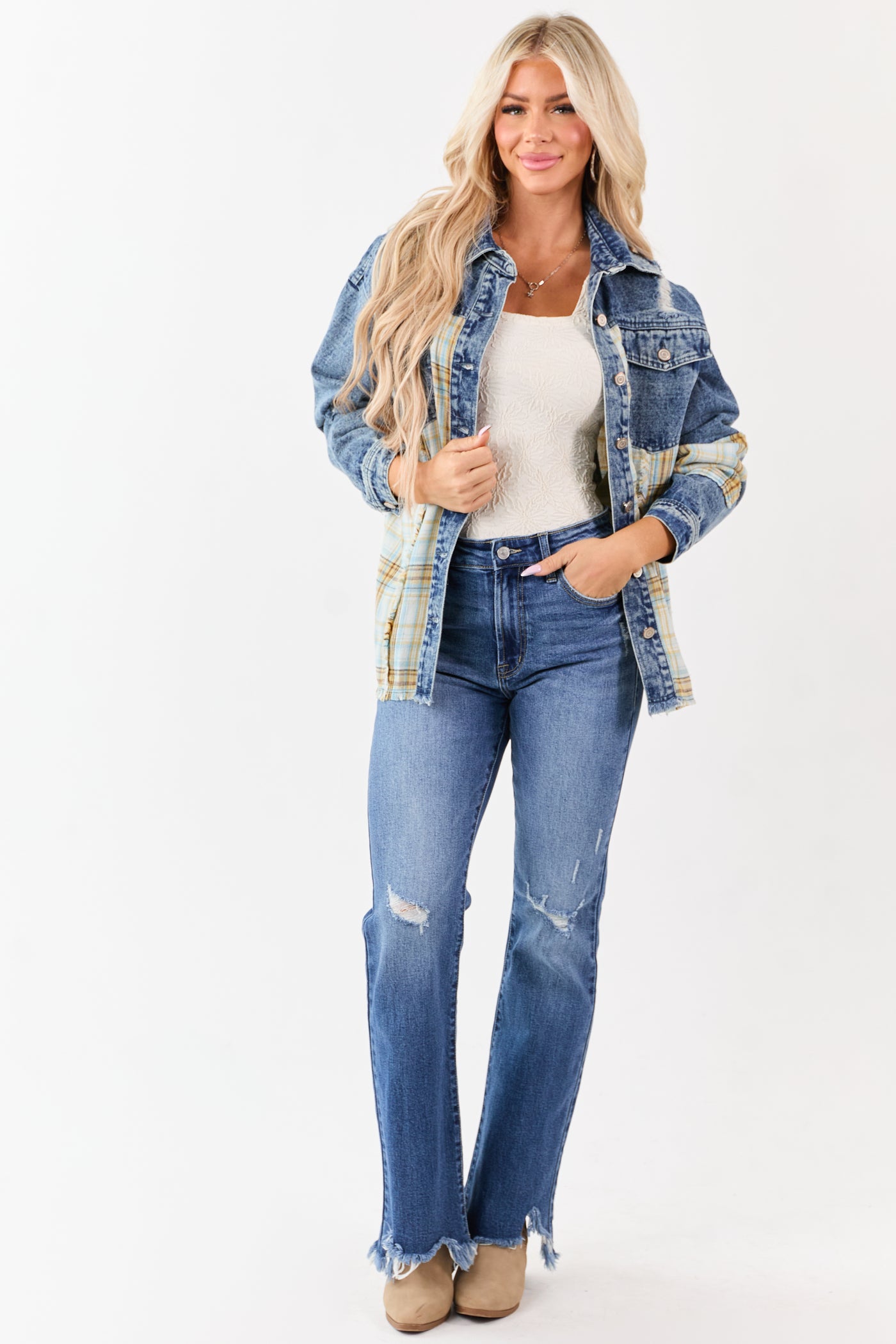 Medium Wash Denim Plaid Contrast Button Up Jacket