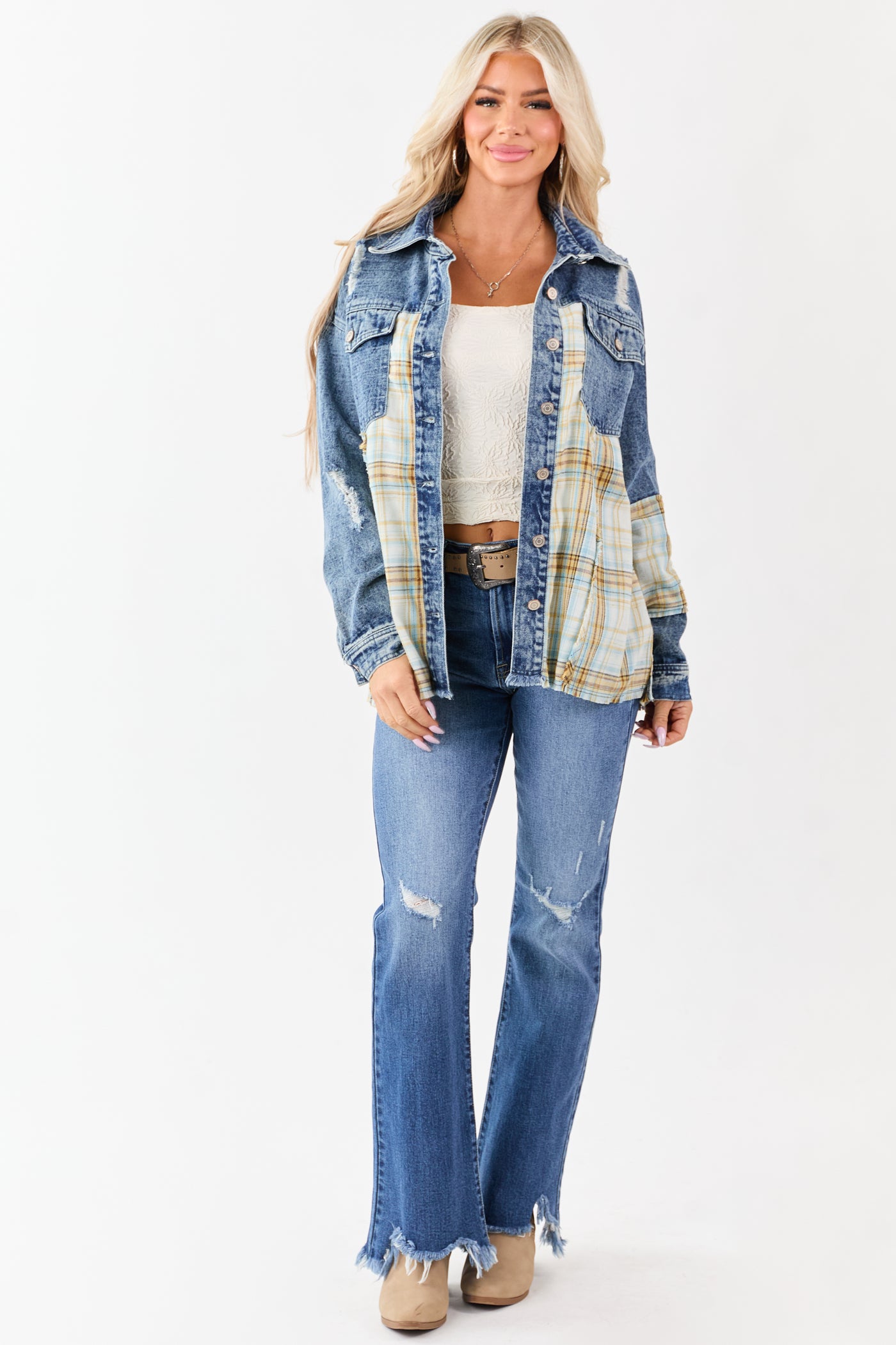 Medium Wash Denim Plaid Contrast Button Up Jacket