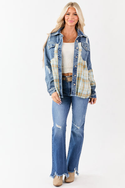 Medium Wash Denim Plaid Contrast Button Up Jacket
