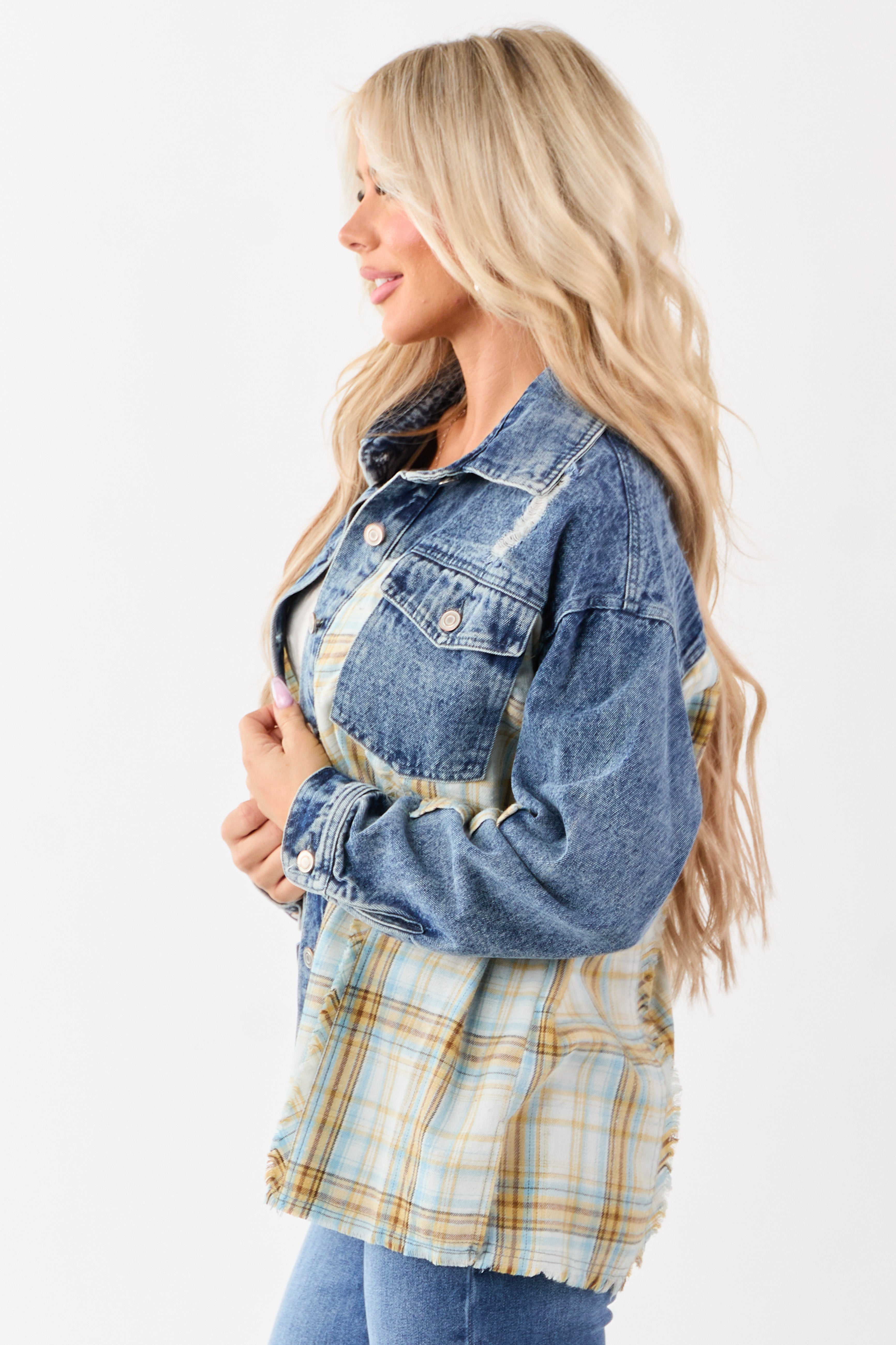 Medium Wash Denim Plaid Contrast Button Up Jacket