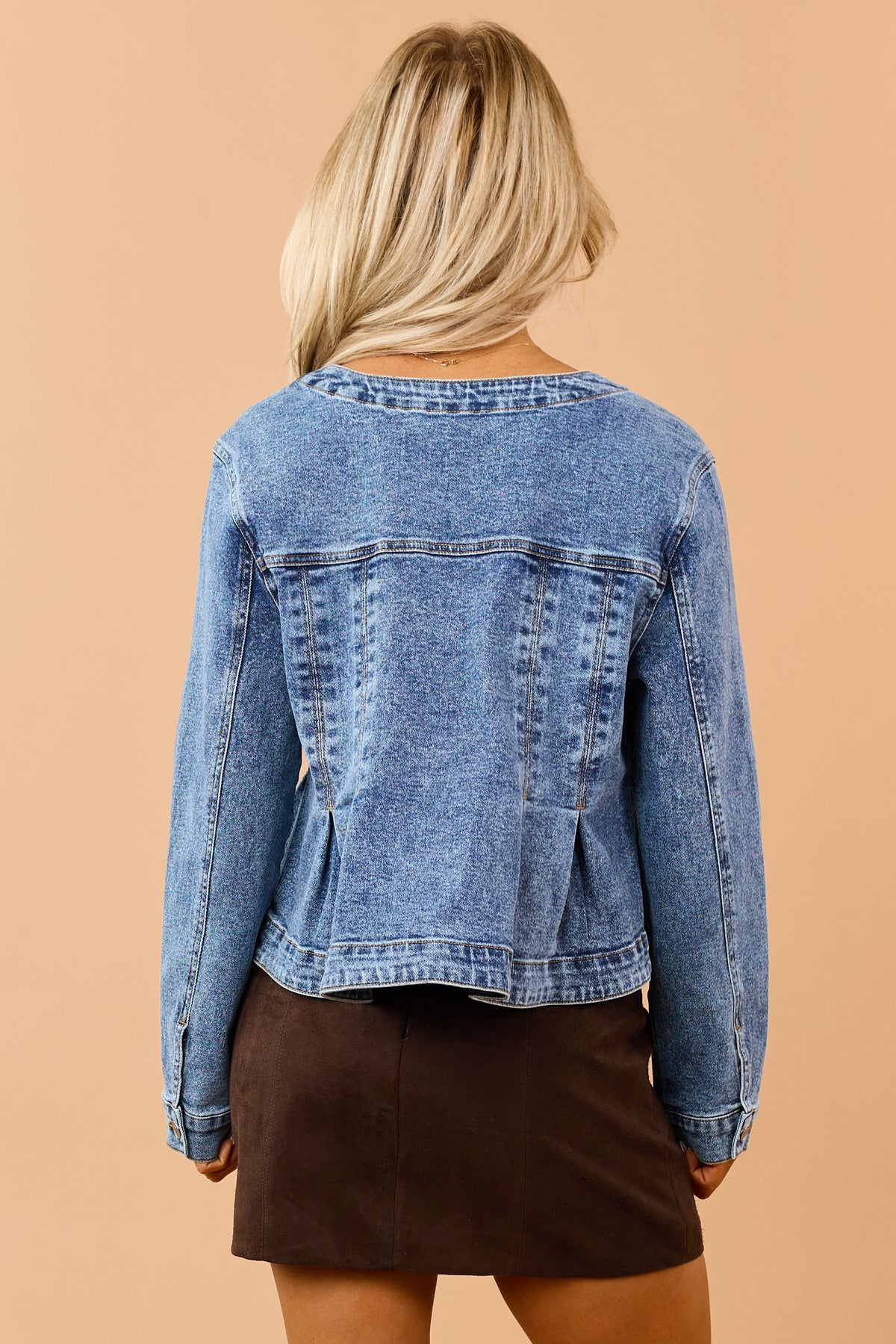Medium Wash Denim Pleated Button Down Jacket