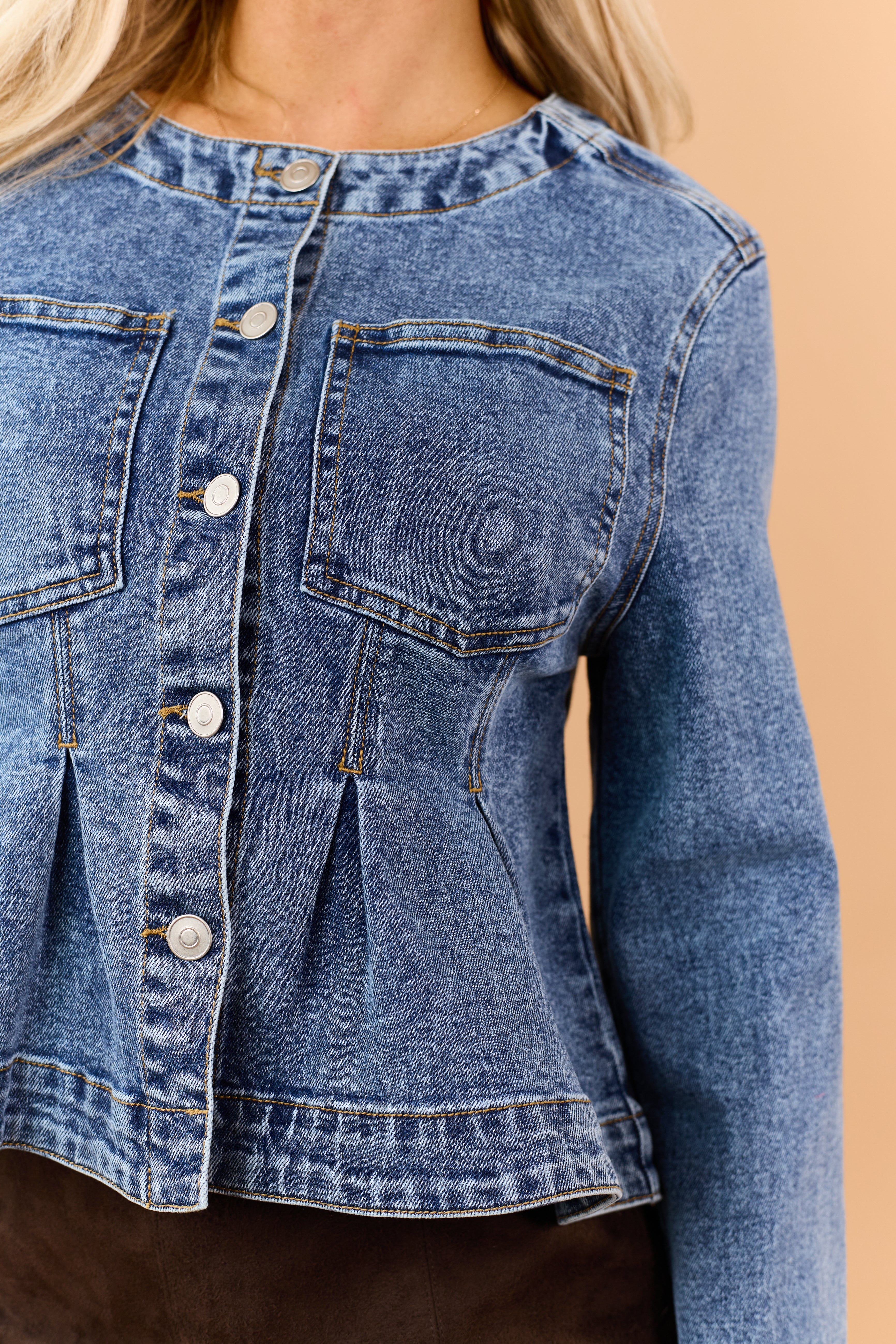 Medium Wash Denim Pleated Button Down Jacket | Lime Lush Boutique