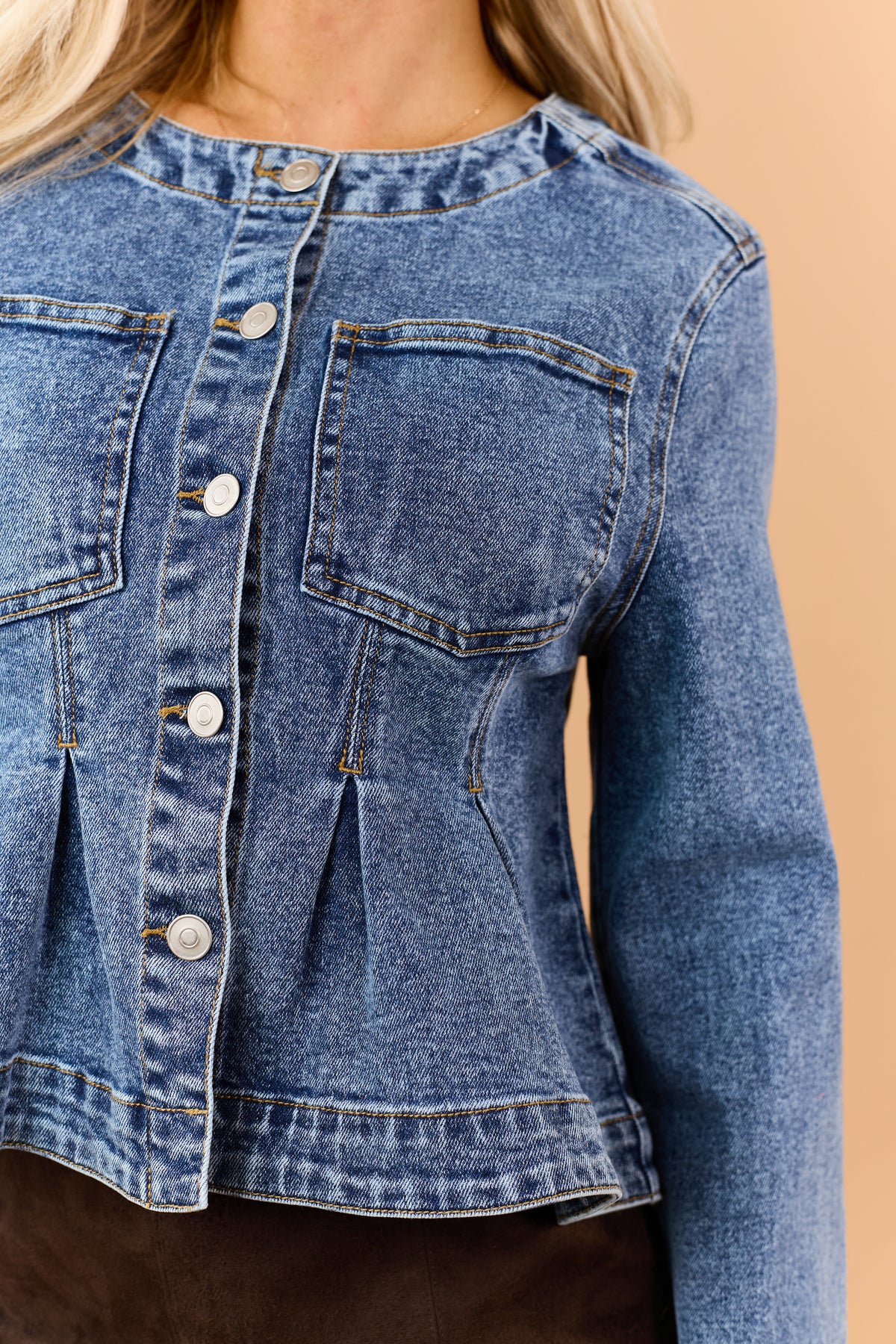 Medium Wash Denim Pleated Button Down Jacket