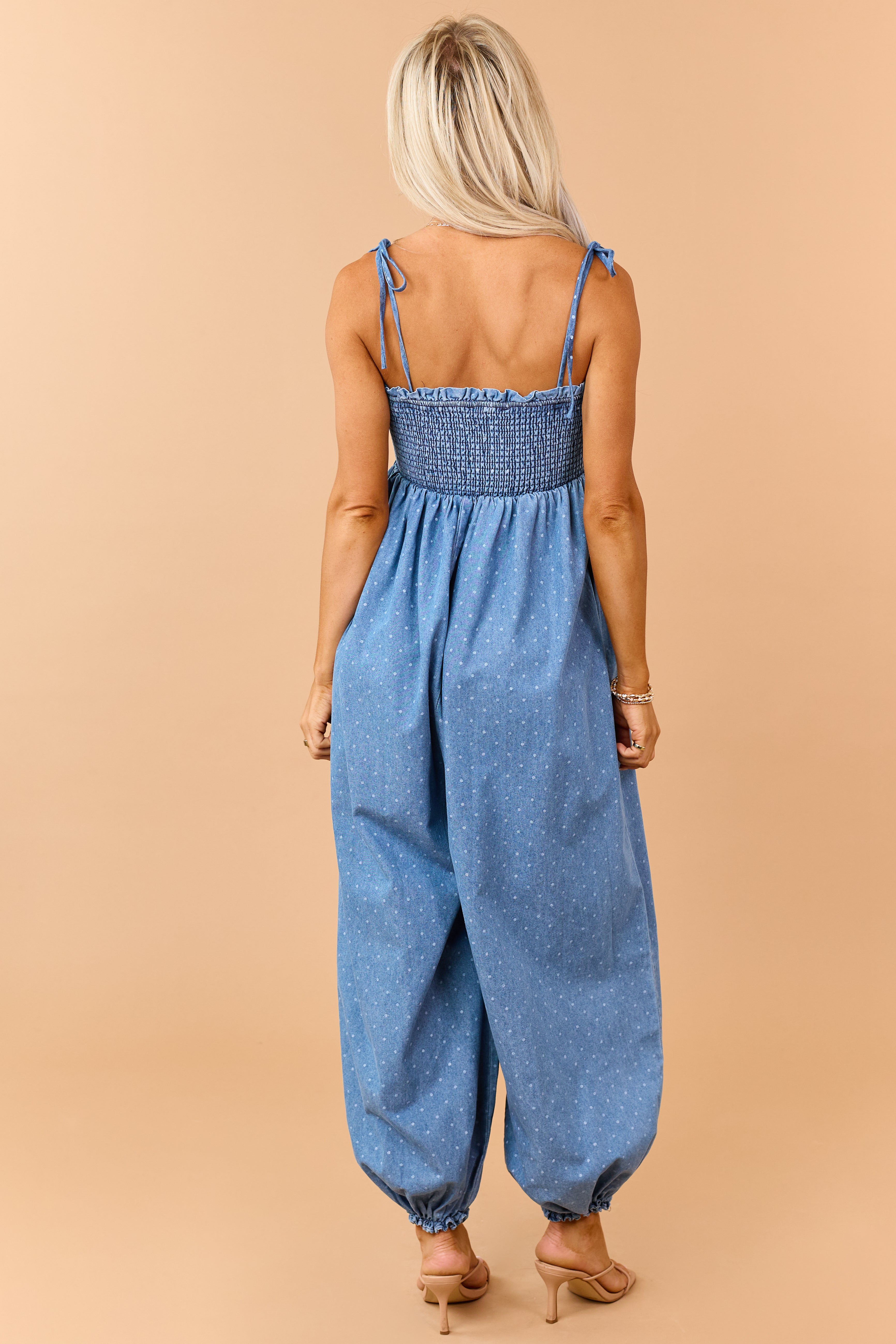 Medium Wash Denim Polka Dot Sleeveless Jumpsuit