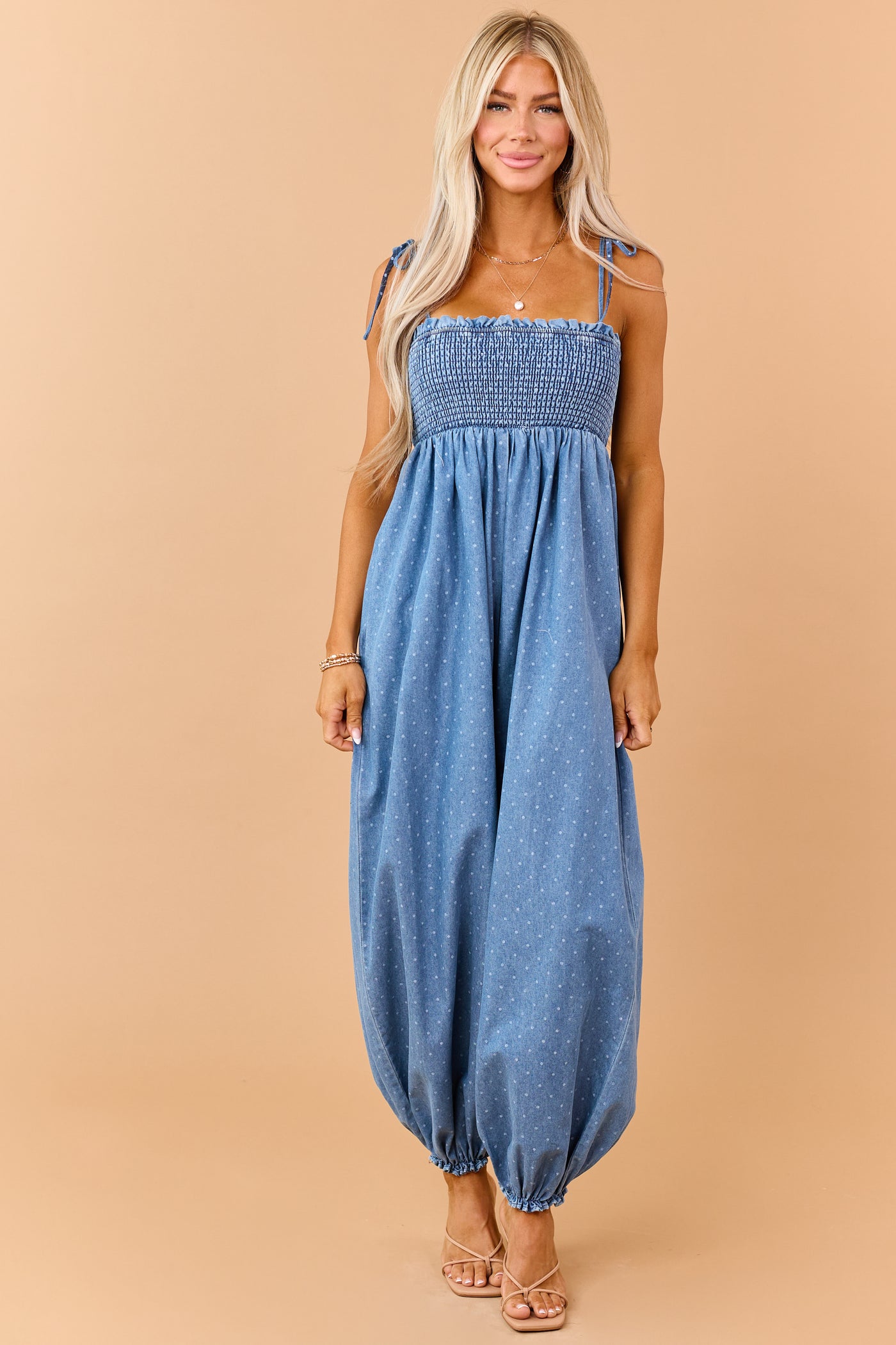 Medium Wash Denim Polka Dot Sleeveless Jumpsuit