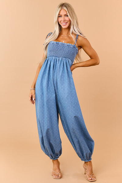 Medium Wash Denim Polka Dot Sleeveless Jumpsuit