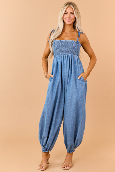 Medium Wash Denim Polka Dot Sleeveless Jumpsuit