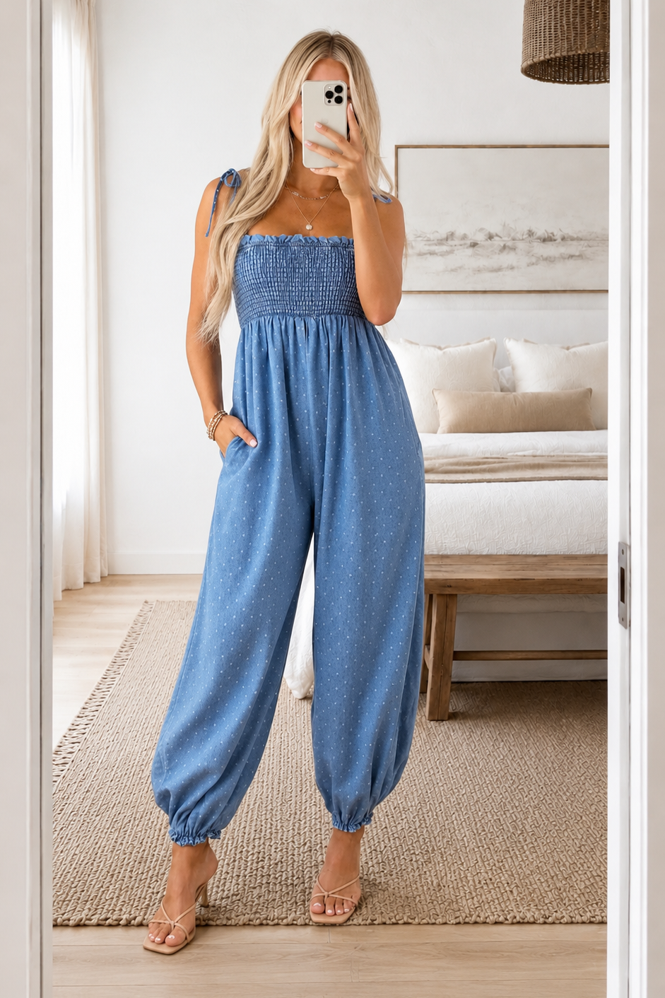 Medium Wash Denim Polka Dot Sleeveless Jumpsuit