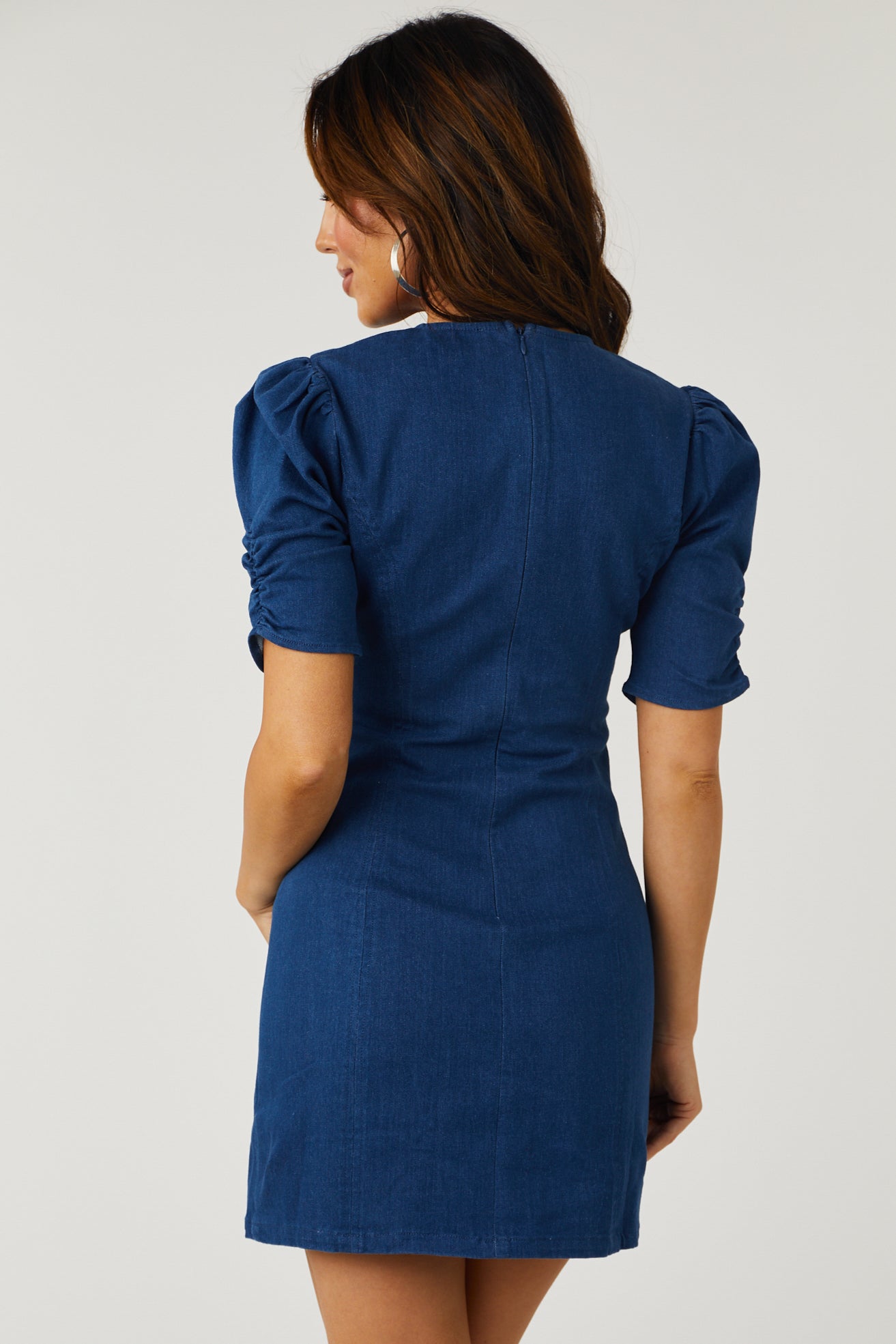 washed denim puff sleeve dress Denim Puff-Sleeve Mini Dress in Dawnshire Wash