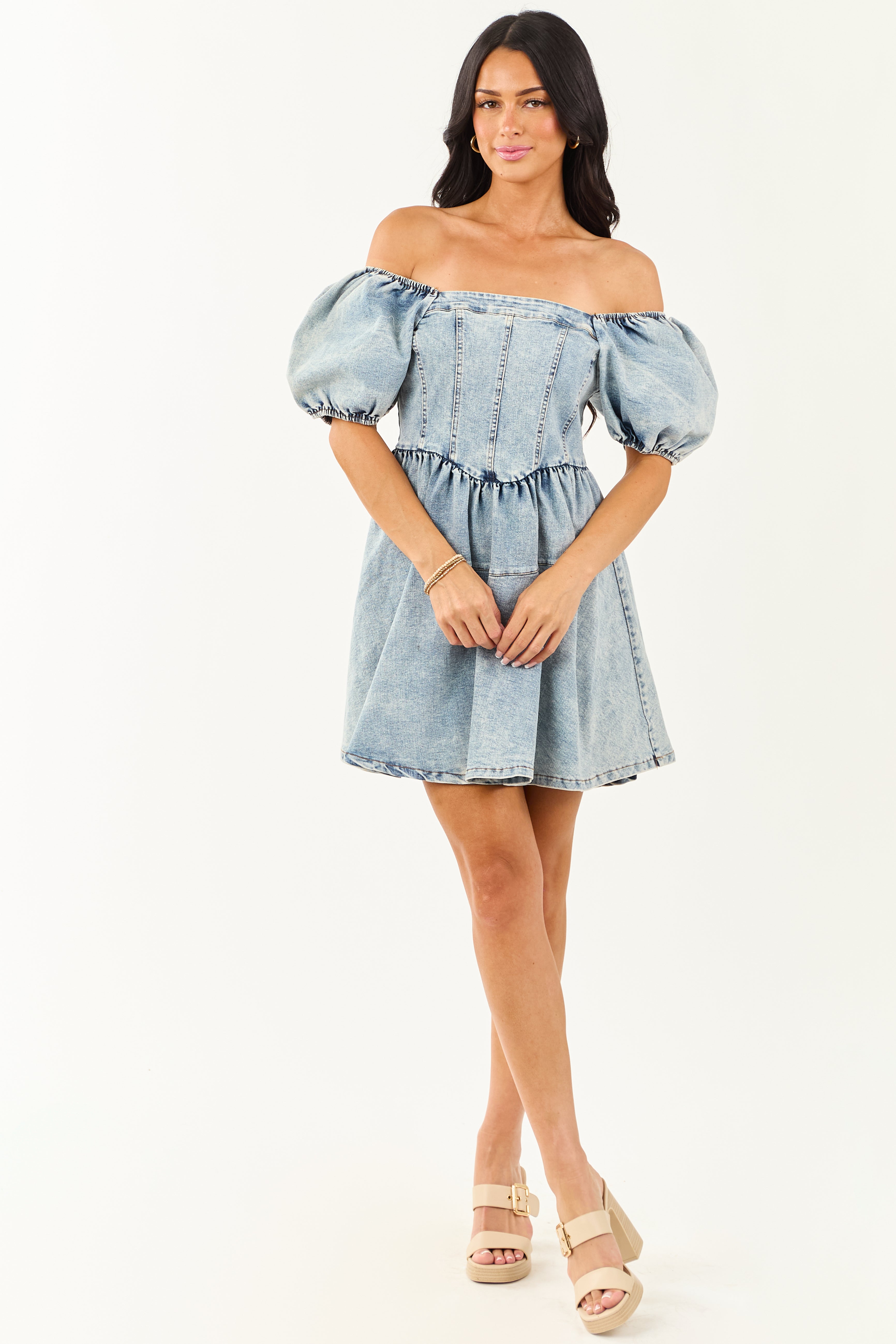 Medium Wash Denim Puff Sleeve Square Neck Mini Dress | Lime Lush